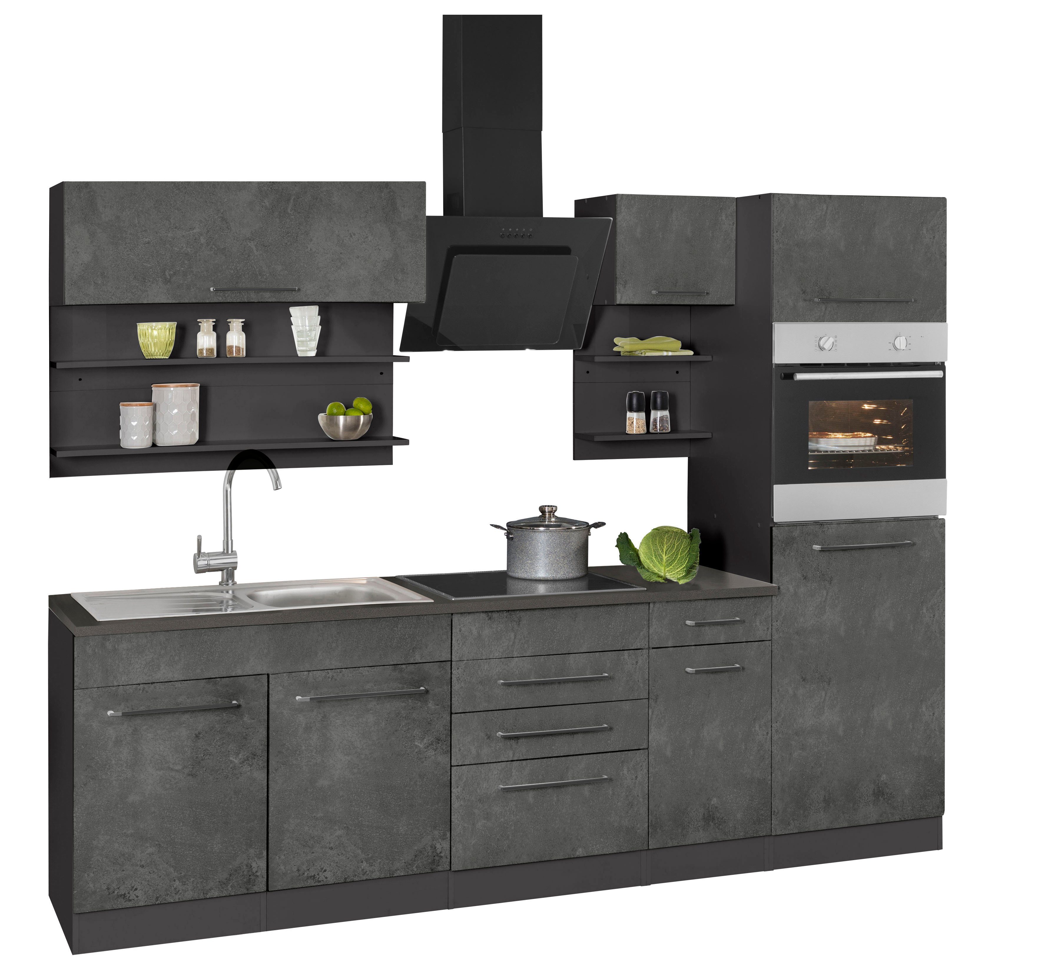 KOCHSTATION Küchenzeile KS-Tulsa, mit E-Geräten, Breite 330 cm, schwarze Metallgriffe, MDF Fronten