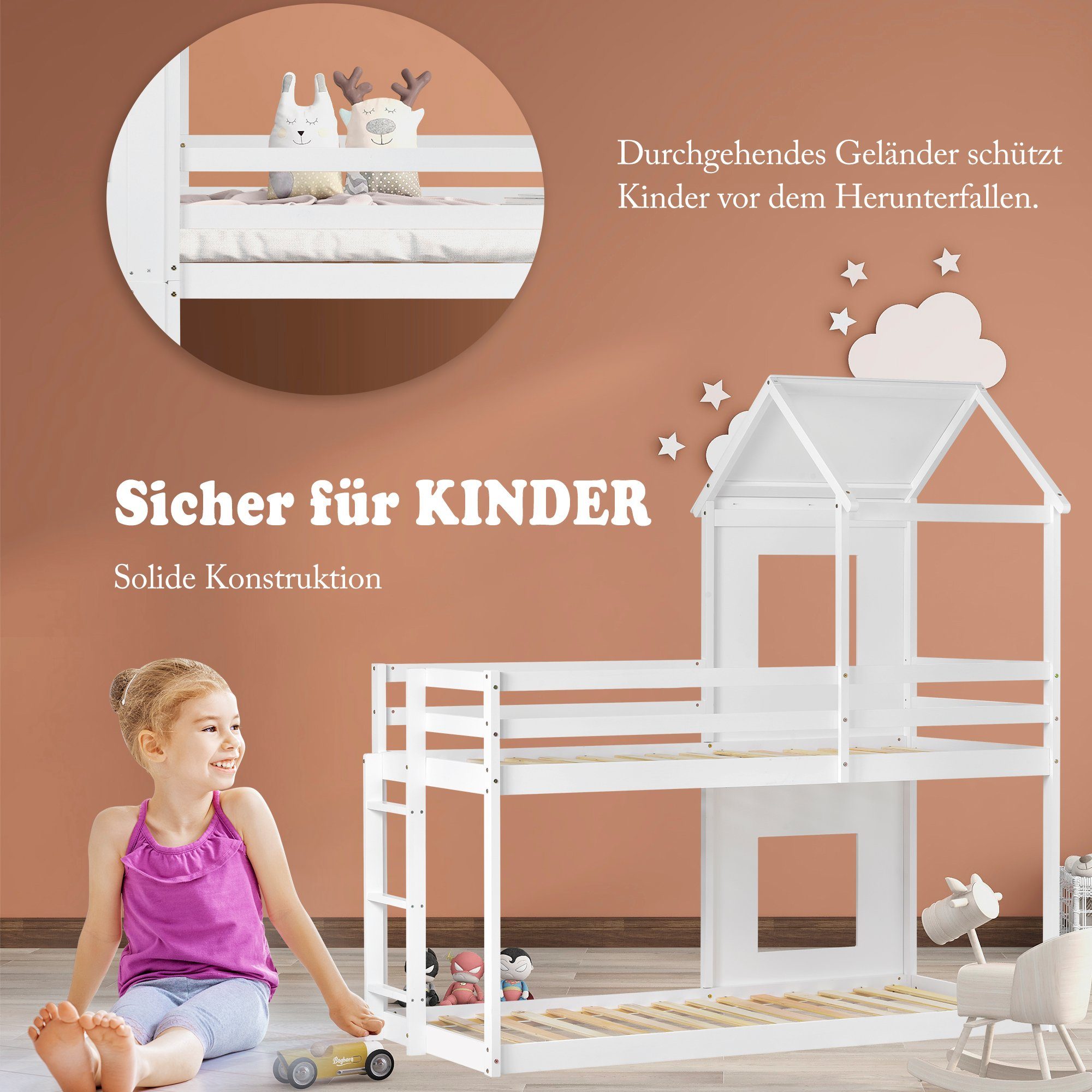 Etagenbett, Hochbett mit 2 Schlafgelegenheiten, Hausbett Kinderbett mit Treppe und Lattenrost, 200x90cm, Kiefer