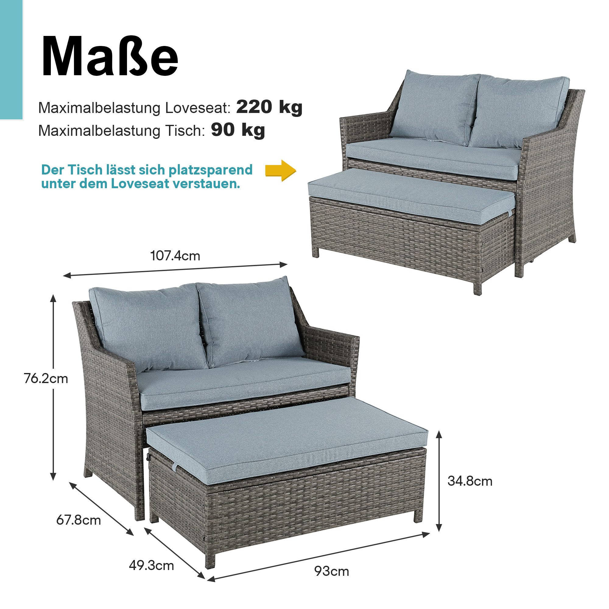 Sunsitt Gartenbank 2-tlg Outdoor Rattan Gartenbank (Terrasse Loveseat mit Couchtisch, mit integriertem Staufach), grauem Rattan und grauen Kissen