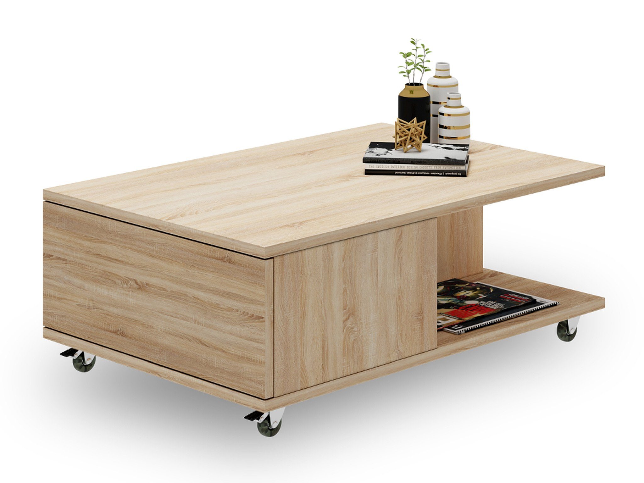 Mazzoni Couchtisch Design Tisch Vienna Rollen Wohnzimmertisch Sonoma 90x60x38cm Eiche mit