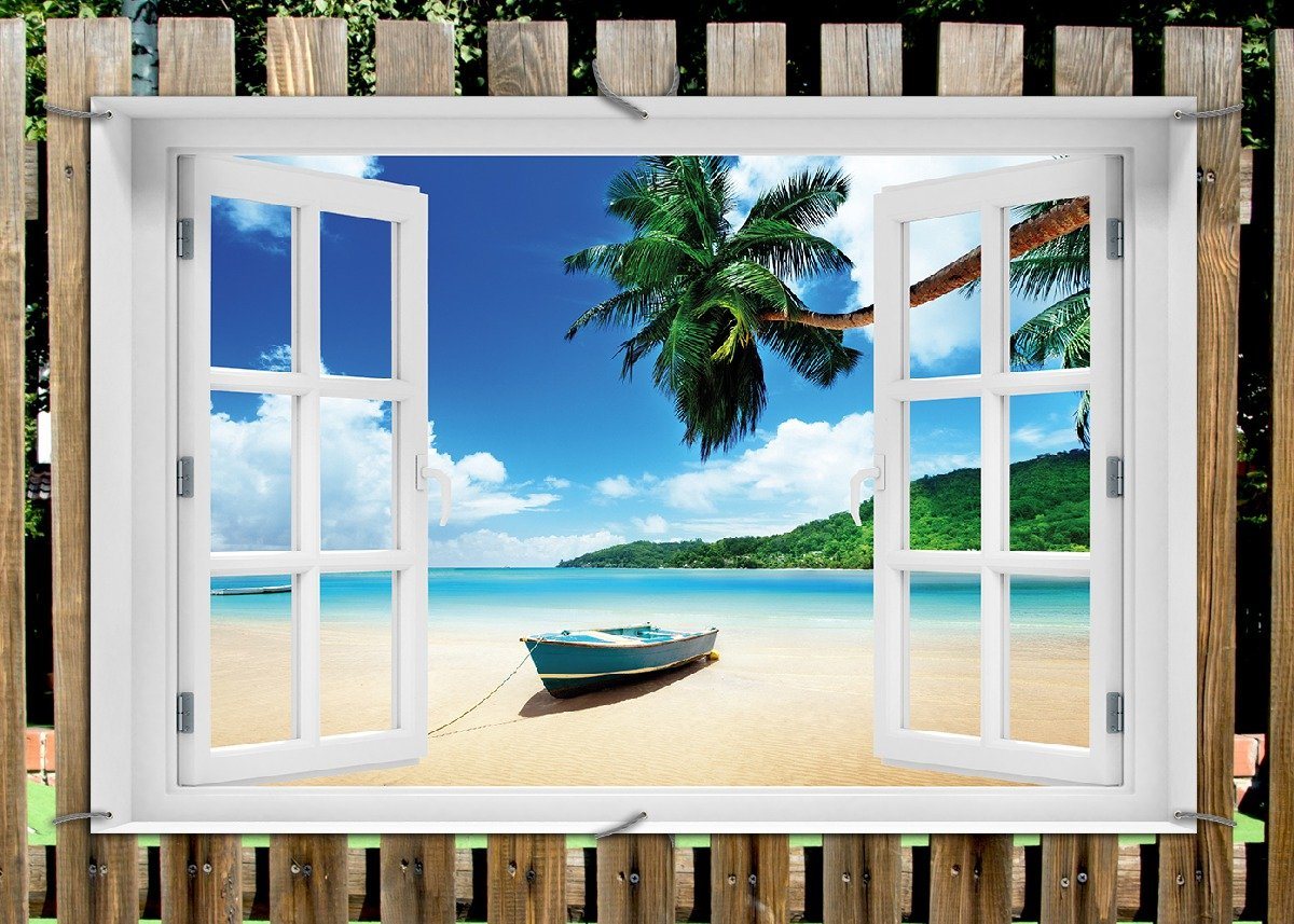 Thumbnail - Wallario Sichtschutzzaunmatten Urlaub am Palmenstrand unter Palmen mit Fischerboot, mit Fenster-Illusion
