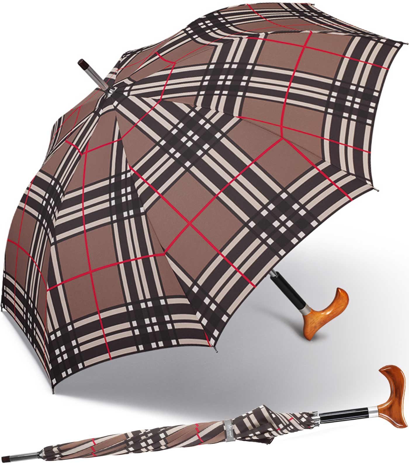 happy rain® selection Stockregenschirm Stützschirm mit Auf-Automatik - Länge 86 cm, Holz-Fritzgriff, braun kariert - check brown