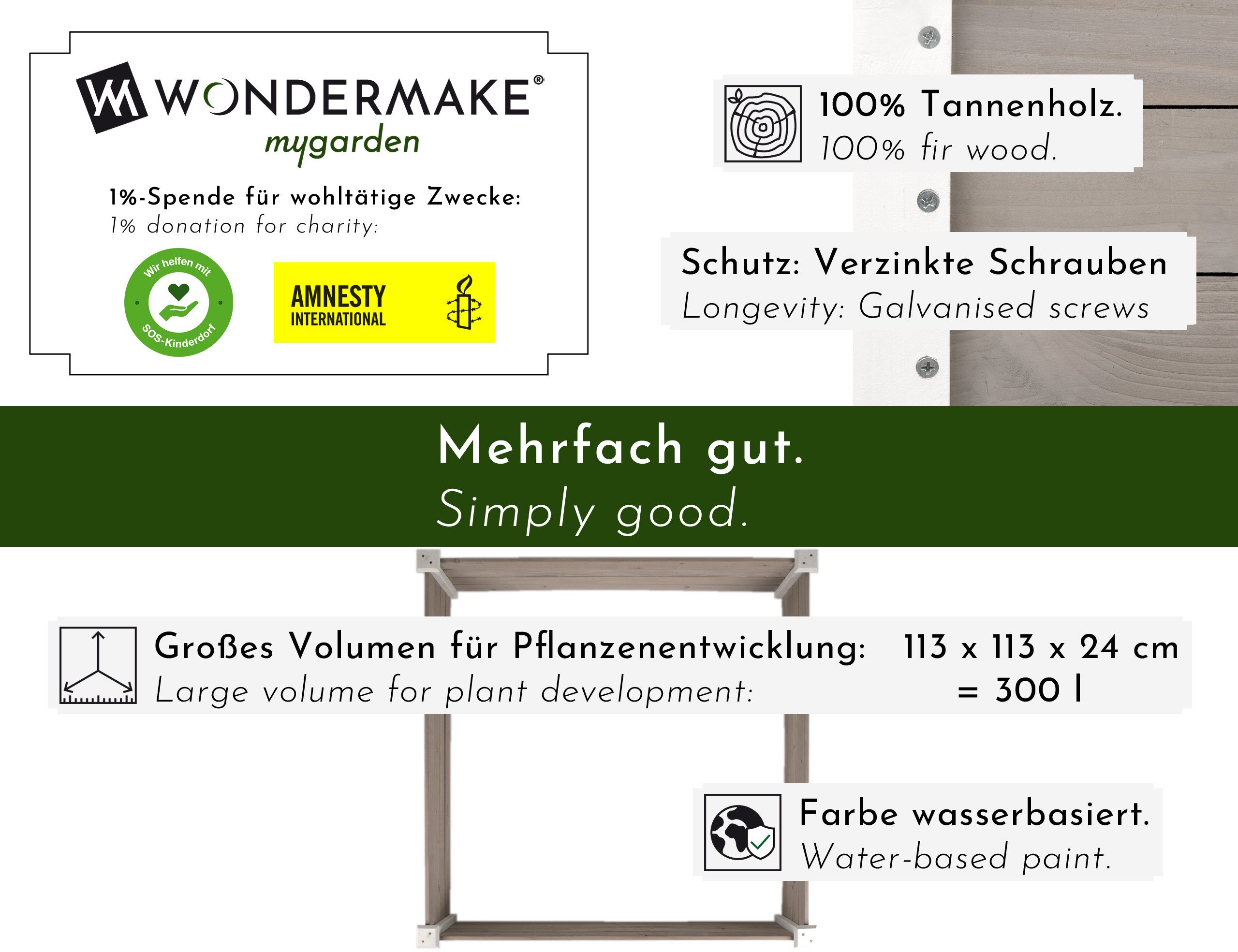 WONDERMAKE Hochbeet Umrandung aus Holz für Garten Terrasse groß, Pflanzbeet Bausatz XL, quadratisch, Blumenbeet Kräuterbeet Beetumrandung, weiß grau anthrazit