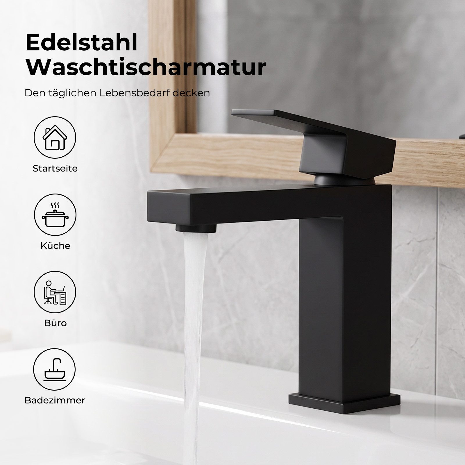 AKKEE Waschtischarmatur Wasserhahn Bad, Waschtischarmatur Schwarz Matt aus Messing Mischbatterie Waschbecken Wasserfall Waschtischarmatur – Bild 2 von 5