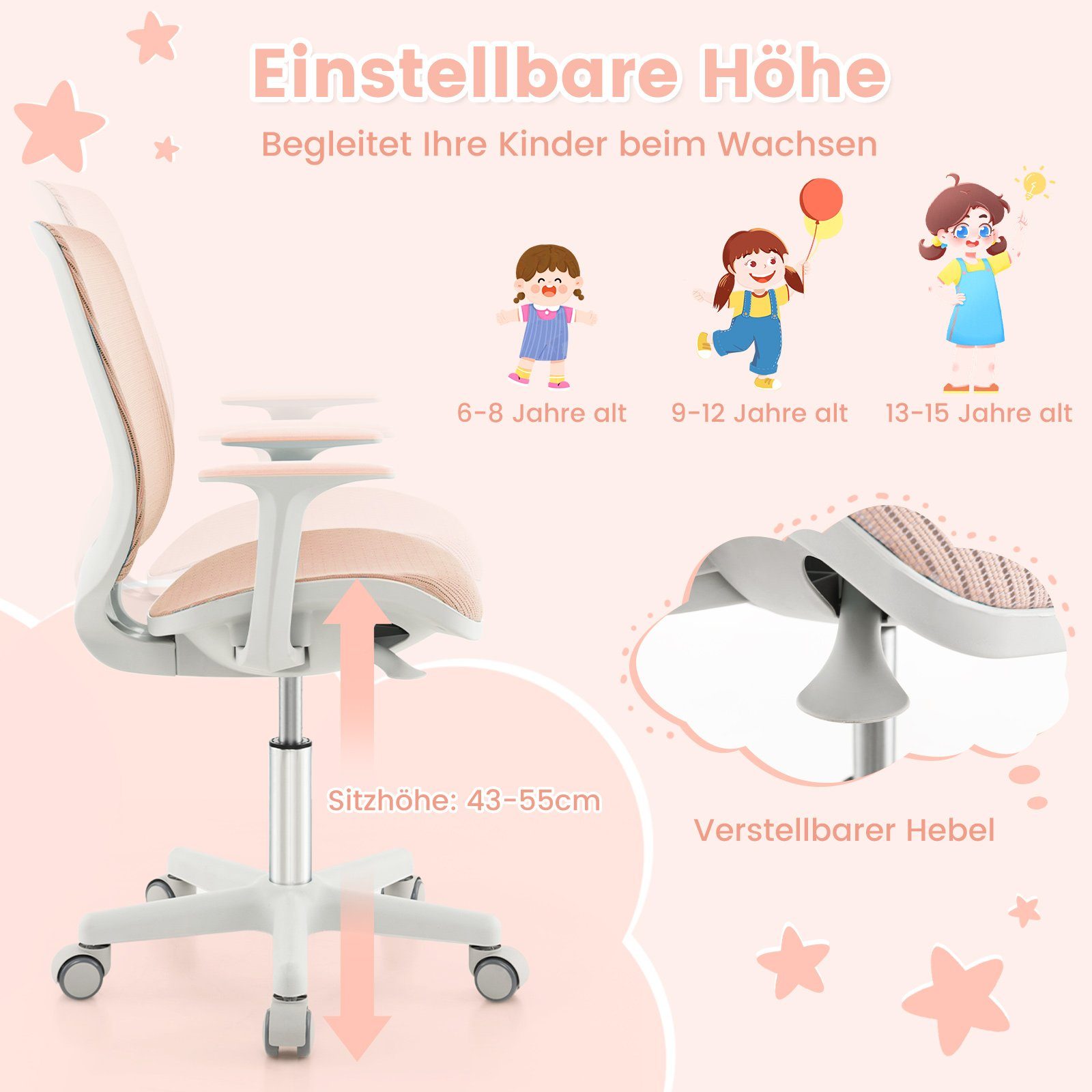 COSTWAY Drehstuhl Kinderstuhl, 43-55cm höhenverstellbar, mit Rollen 360° dr günstig online kaufen
