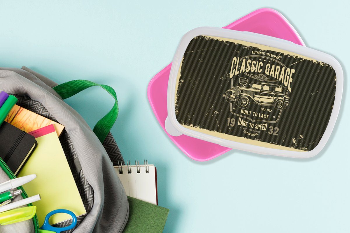 Kunststoff, Auto Snackbox, MuchoWow Brotbox Mädchen, Schwarz, Retro Brotdose Mancave - Lunchbox - für rosa Kinder, - Erwachsene, (2-tlg), Kunststoff