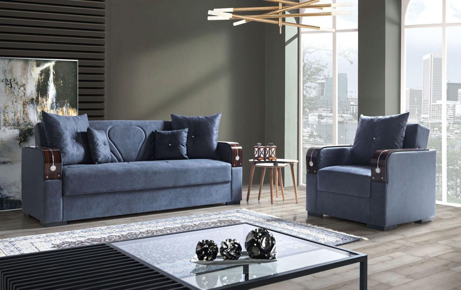 JVmoebel Sofa Sofagarnitur 3+1 Sitzer Textil Holz Sofa 3 Sitzer Modern Sessel, Made In Europe
