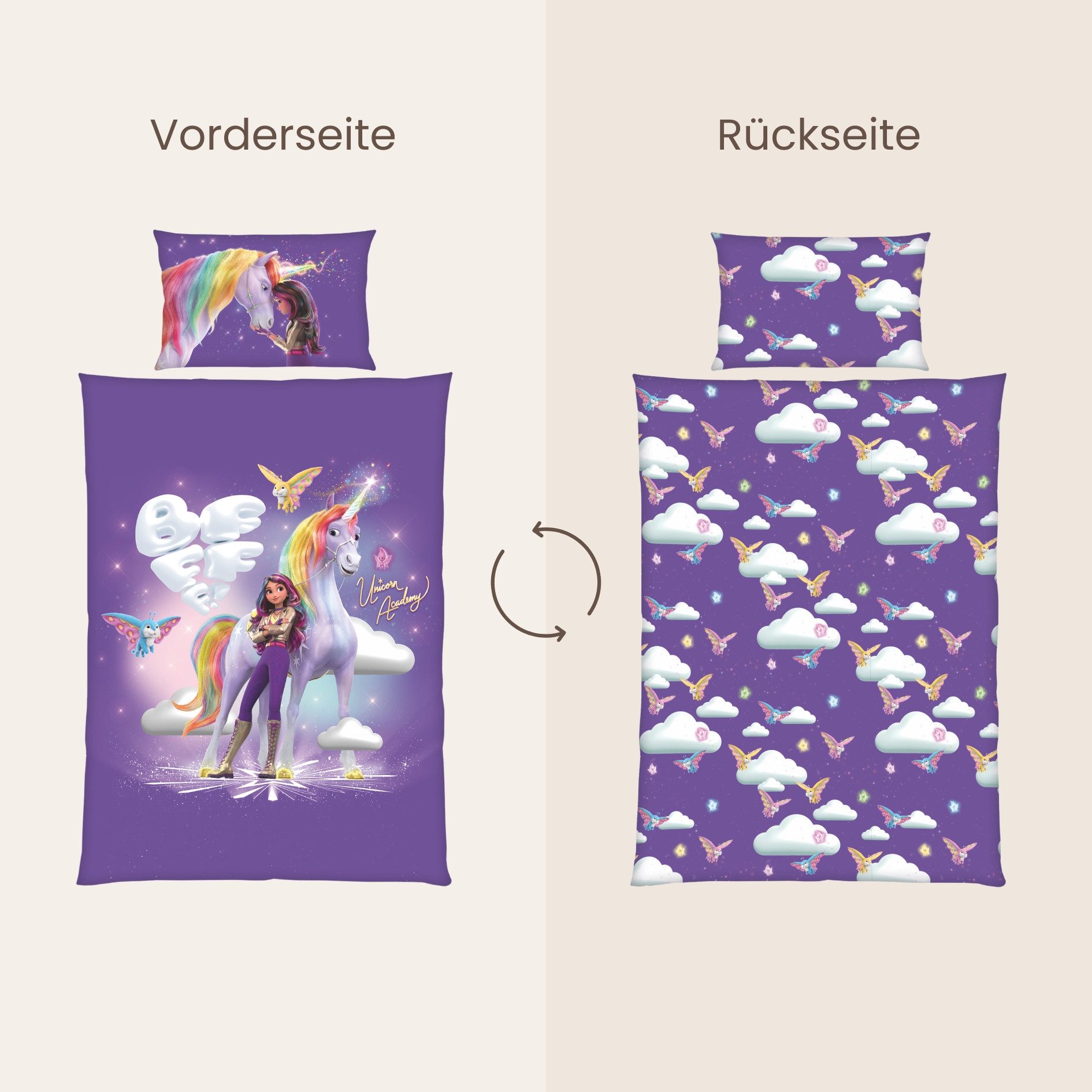 MTOnlinehandel Babybettwäsche Unicorn Academy 100x135 + 40x60 cm, Renforcé, 100% Baumwolle, 2 teilig, offiziell zur Netflix-Serie für kleine Einhornfans