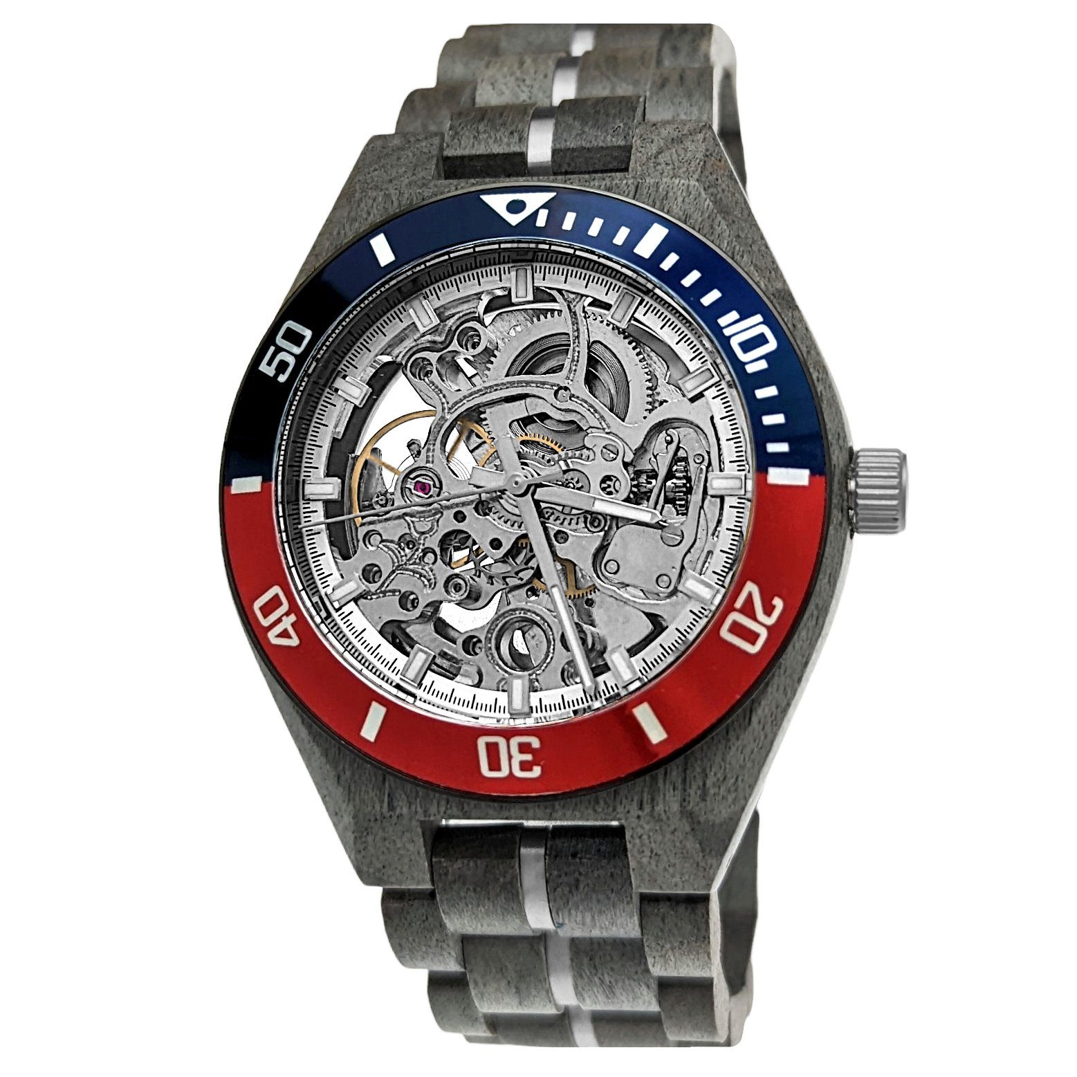 Uhr, Holz blau/rot silber, grau, Automatikuhr DEMMIN Holzwerk Herren Armband & Edelstahl