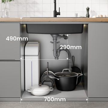 CECIPA pro Granitspüle Küchenspüle 70*45 Schwarz mit Seifenspender, Aufsatzwaschbecken, 70/45 cm, mit Abflusskorb, Schwarz spüle