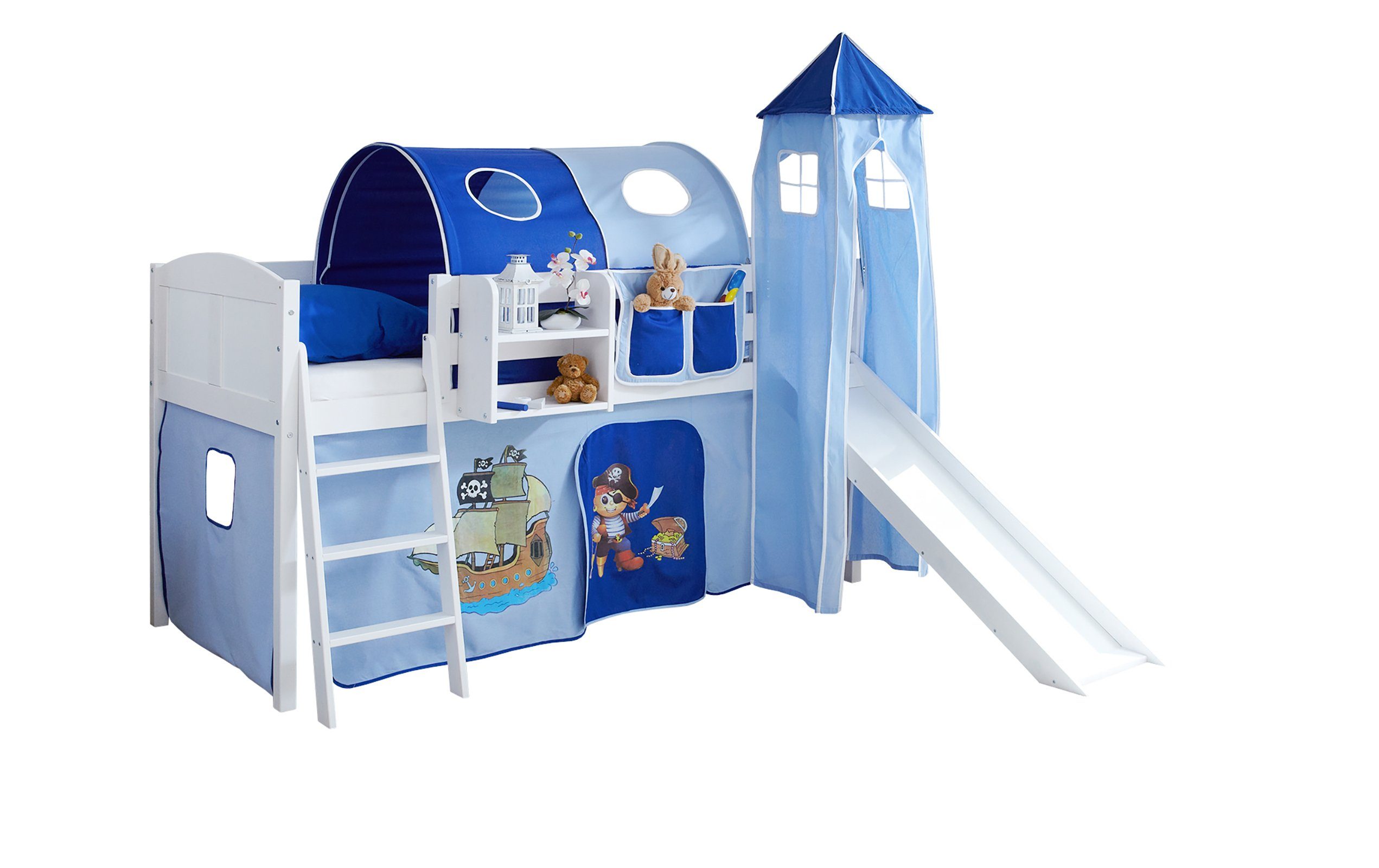 Ticaa Hochbett Hochbett mit Rutsche Rutschbett mit Turm "Ekki"