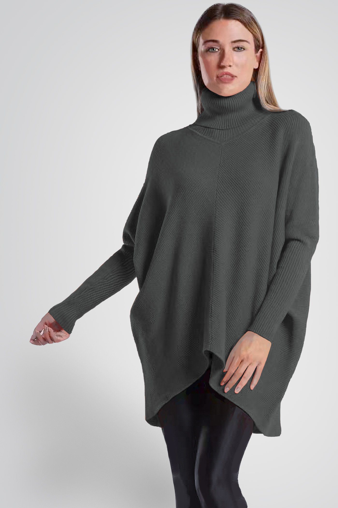 PEKIVESSA Longpullover Oversized langer Rollkragenpullover Damen Fledermausärmel (Einzelartikel, 1-tlg) hinten länger