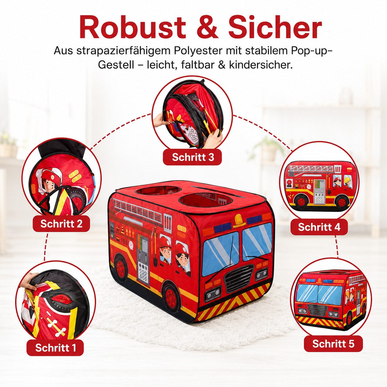 Best for Kids Spielzelt Fire Truck Pop-Up Play Tent with 50 Balls – Indoor & Outdoor (Spielzelt-Set, 51-tlg., Spielzelt inkl. 50 Bälle) Pop-Up Funktion, schnell aufbaubar, Indoor & Outdoor geeignet