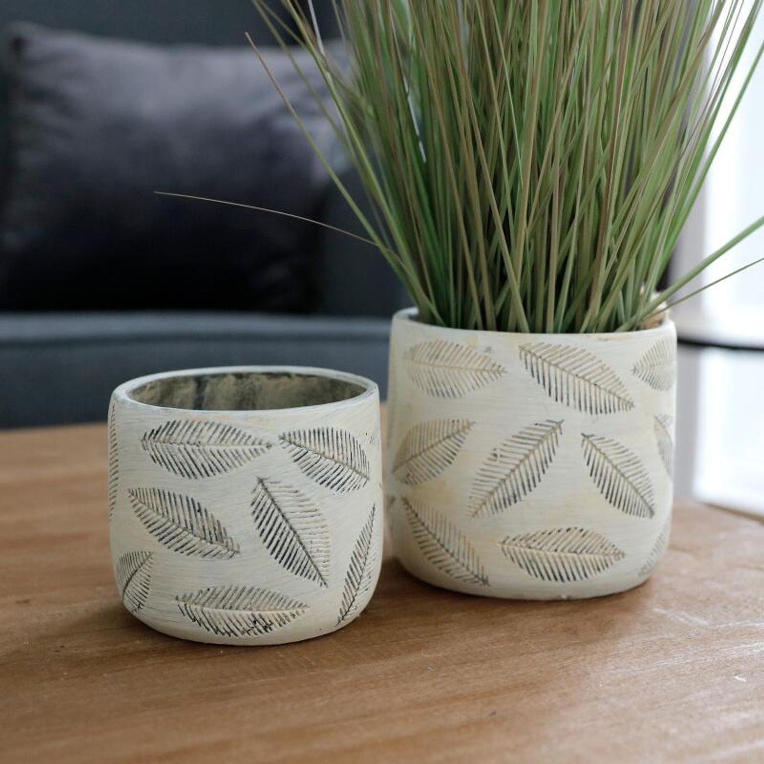 Thumbnail - BURI Übertopf 6x Übertopf Blattoptik L D14xH13cm Zement Pflanzen Blumen