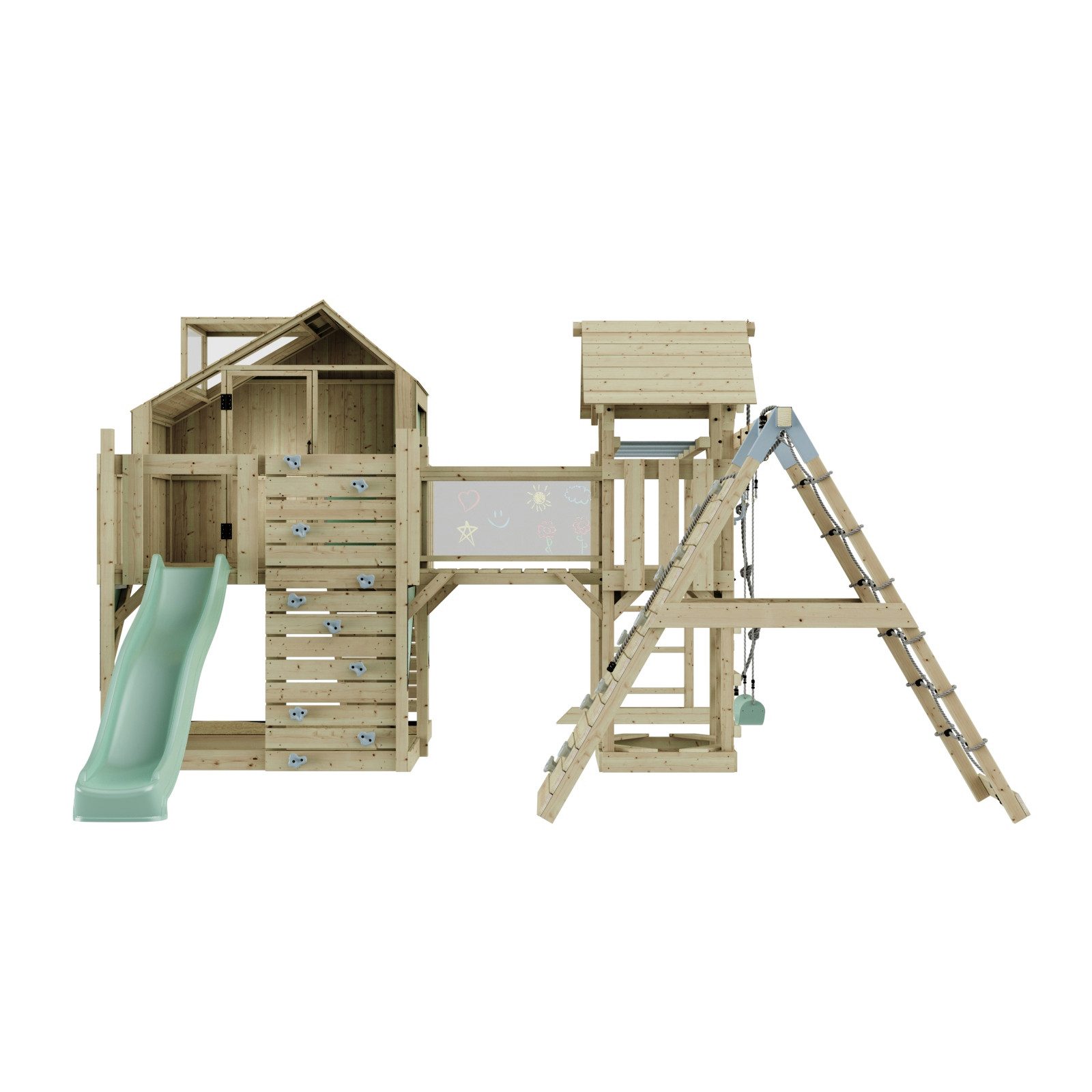 OutdoorToys Spielturm Bo, aus Holz in Mintgrün mit Kinderschaukel & Rutsche, Kletterwand
