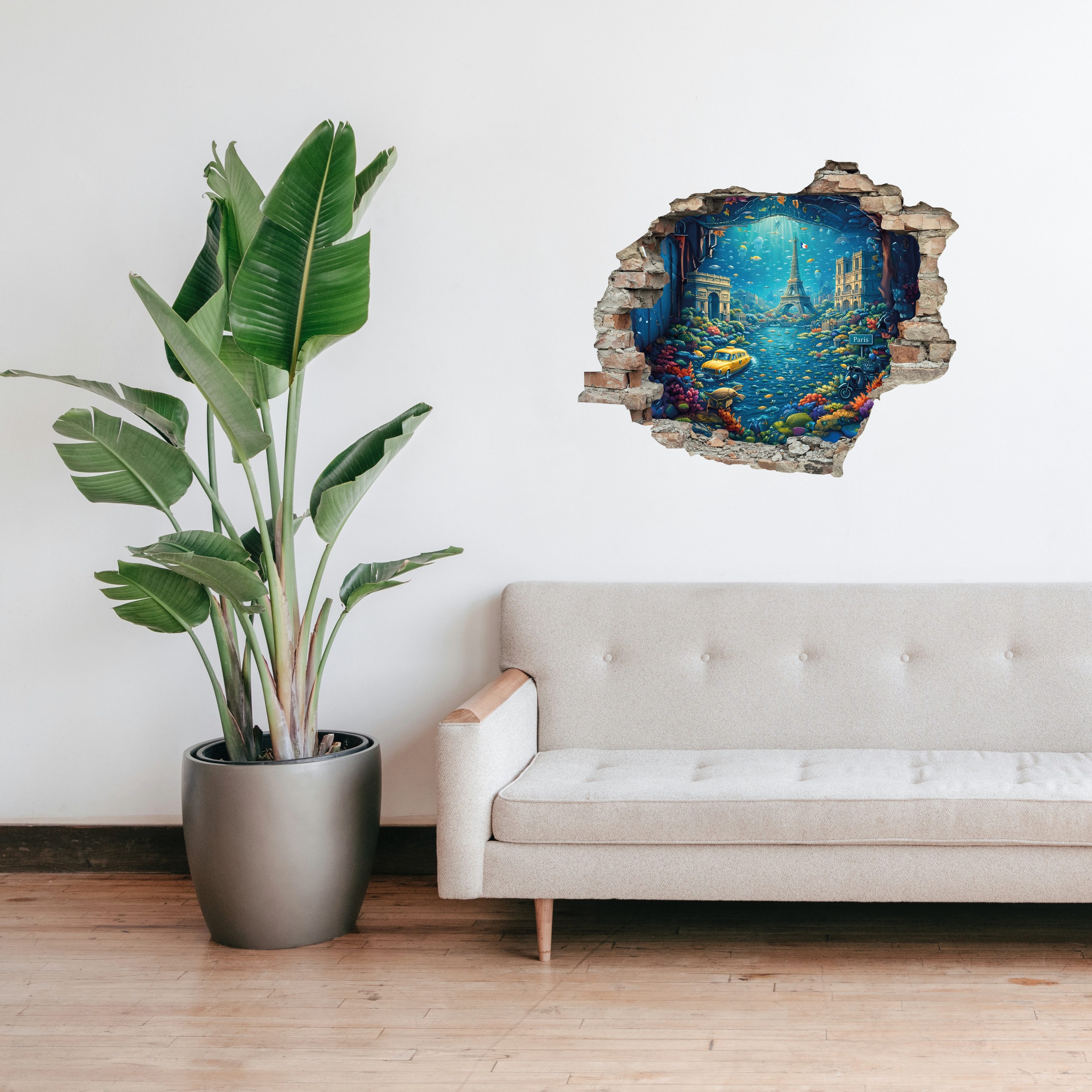 queence Wandsticker KI 3D Unterwasserwelt Illusion Paris Amsterdam Rom, 60x50cm selbstklebender 3D Sticker als Wanddurchbruch