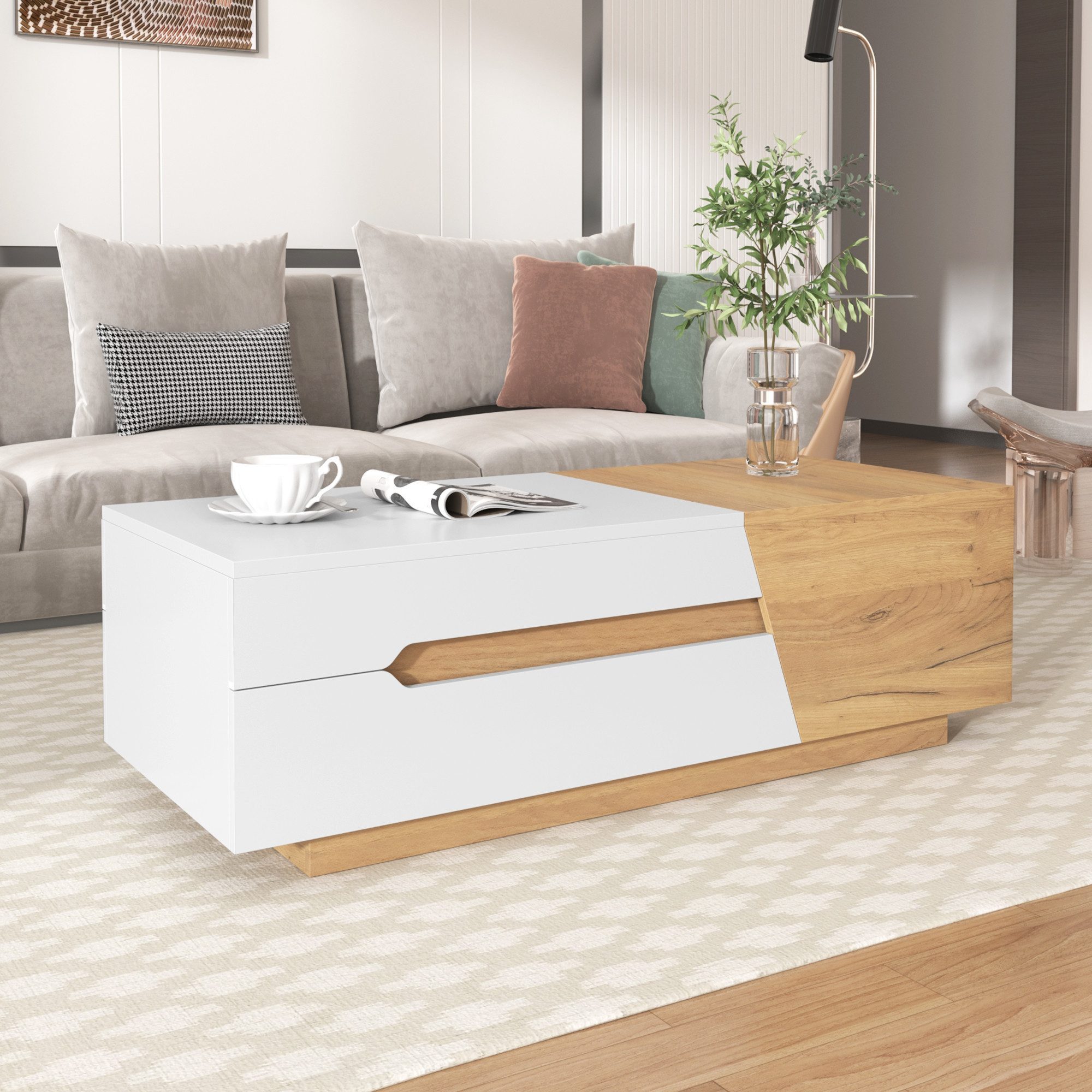 BBWL Couchtisch Modern ausziehbarer Couchtisch mit Schubladen in Weiß und Holzoptik (120x50x37.5 cm großer Wohnzimmertisch mit innovativem Schiebedesign und praktischem Stauraum für Bücher und Deko als stylisches 2er Set MDF Tisch für moderne Einrichtung), Beistelltisch mit Farbblockstruktur
