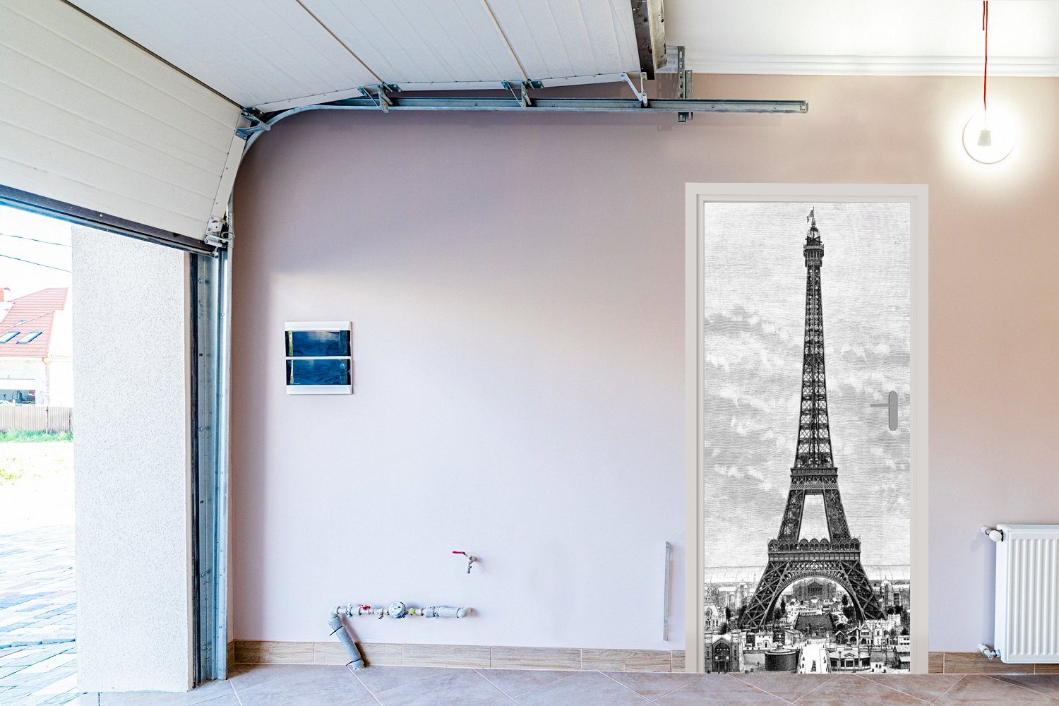 St), Jahrhundert, Illustration bedruckt, (1 75x205 cm 19. des Türtapete Türaufkleber, dem MuchoWow aus Fototapete Eiffelturms Matt, Eine Tür, für
