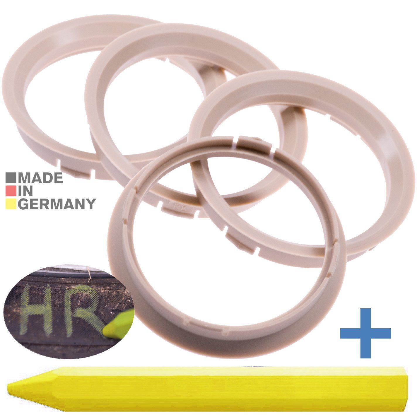 RKC Reifenstift 4X Zentrierringe Beige Felgen Ringe + 1x Reifen Kreide Fett Stift, Maße: 74,1 x 72,6 mm