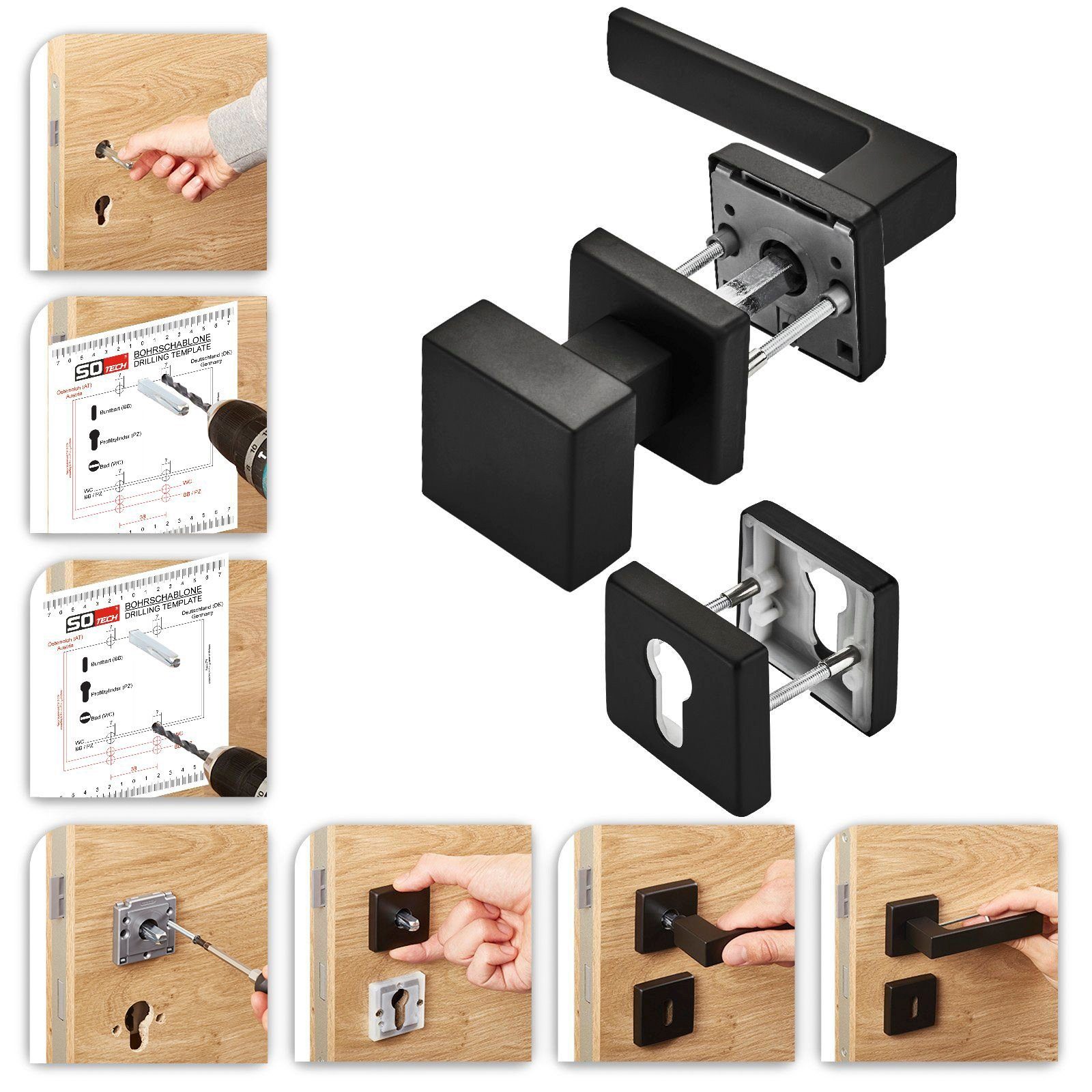 SO-TECH® Drückergarnitur Türdrücker CUBE schwarz 120 x 22 mm Vierkant 8 x 8 mm, Wechselgarnitur Türknauf und Türdrücker – Bild 4 von 5