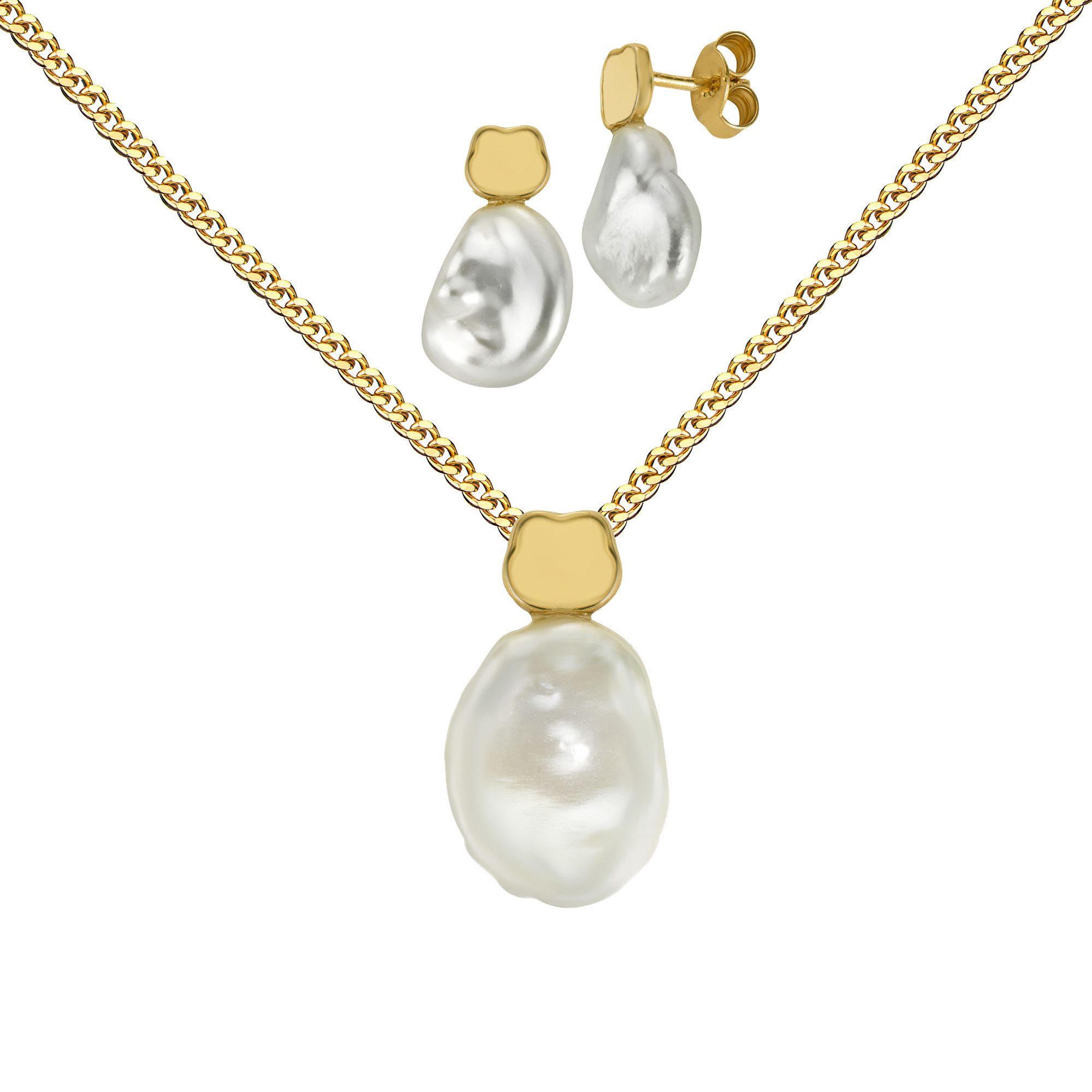 JEVELION Schmuckset Keshi Perle mit Kleeblatt Anhänger 2 Ohrstecker 585 Gold perle weiß (Goldanhänger + Gold-Ohrschmuck, für Damen und Mädchen), Mit Kette vergoldet- Länge wählbar 36 - 70 cm oder ohne Kette.