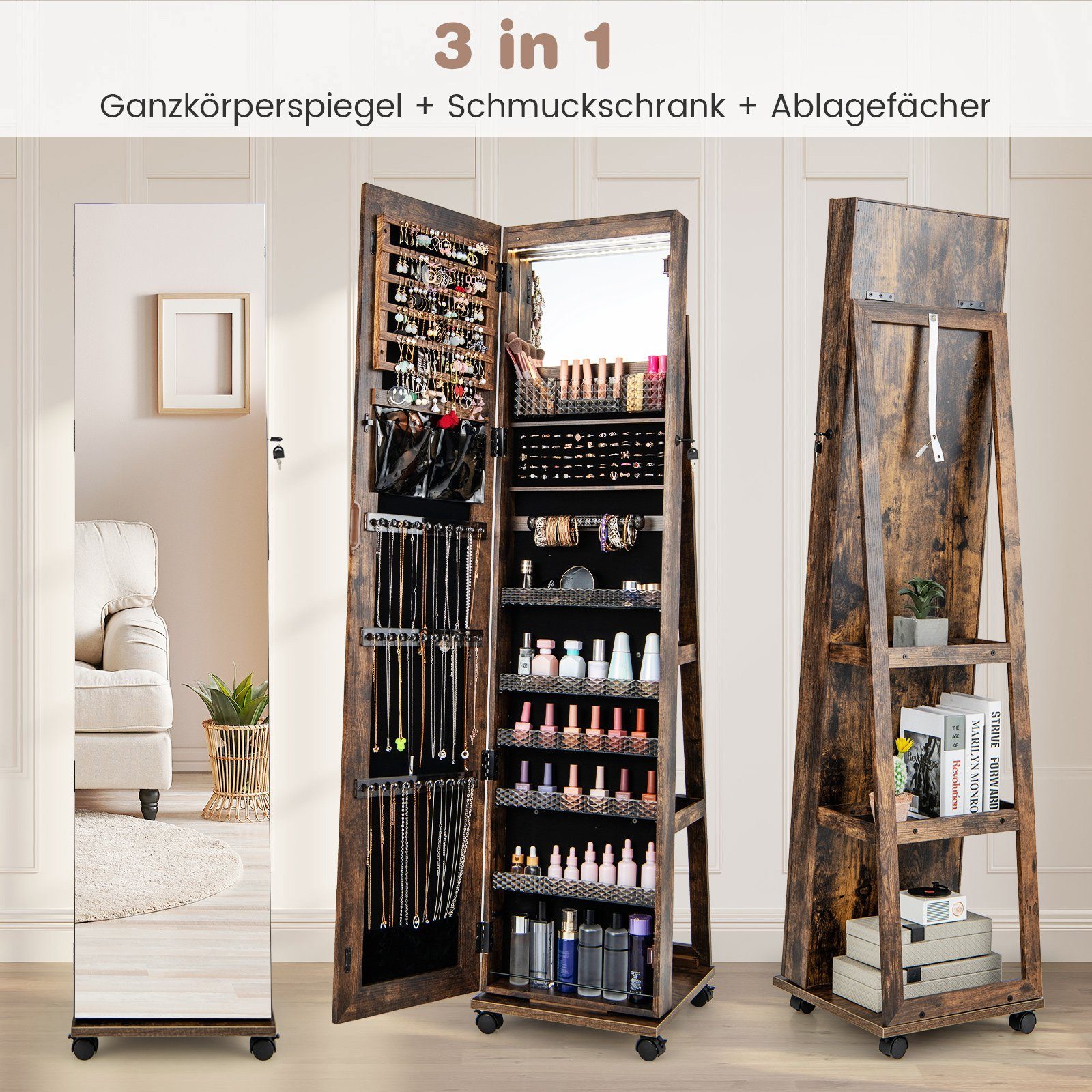 COSTWAY Schmuckschrank mit Spiegel & LED, günstig online kaufen
