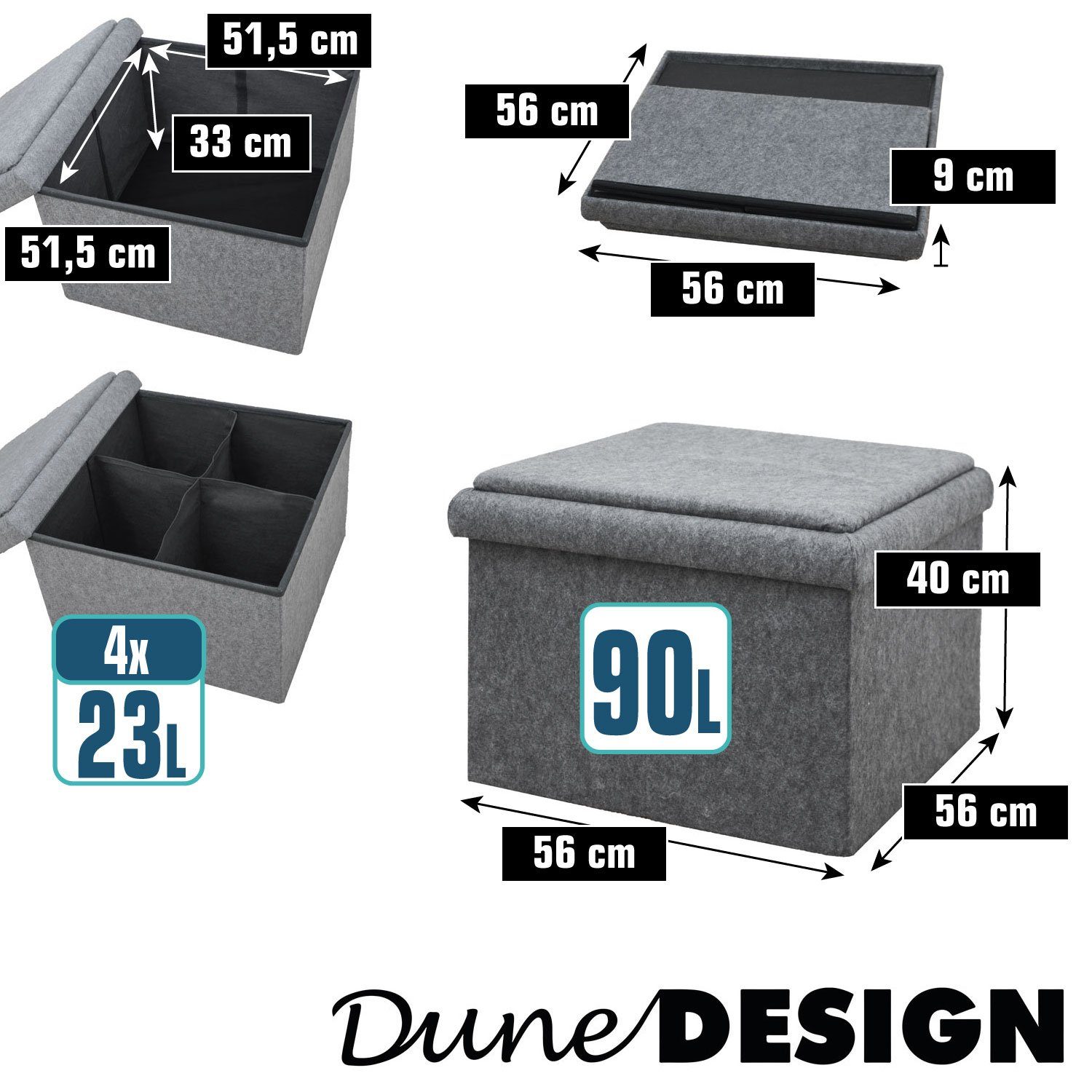 DuneDesign Sitzwürfel 3-in-1 Beistellhocker Grau Sitzhocker Hocker Stauraum 56x56x40 Sofa mit Filz