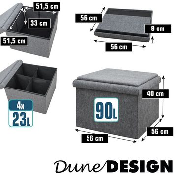 DuneDesign Sitzwürfel 3-in-1 Sofa Hocker mit Stauraum 56x56x40 Filz, Beistellhocker Sitzhocker Grau