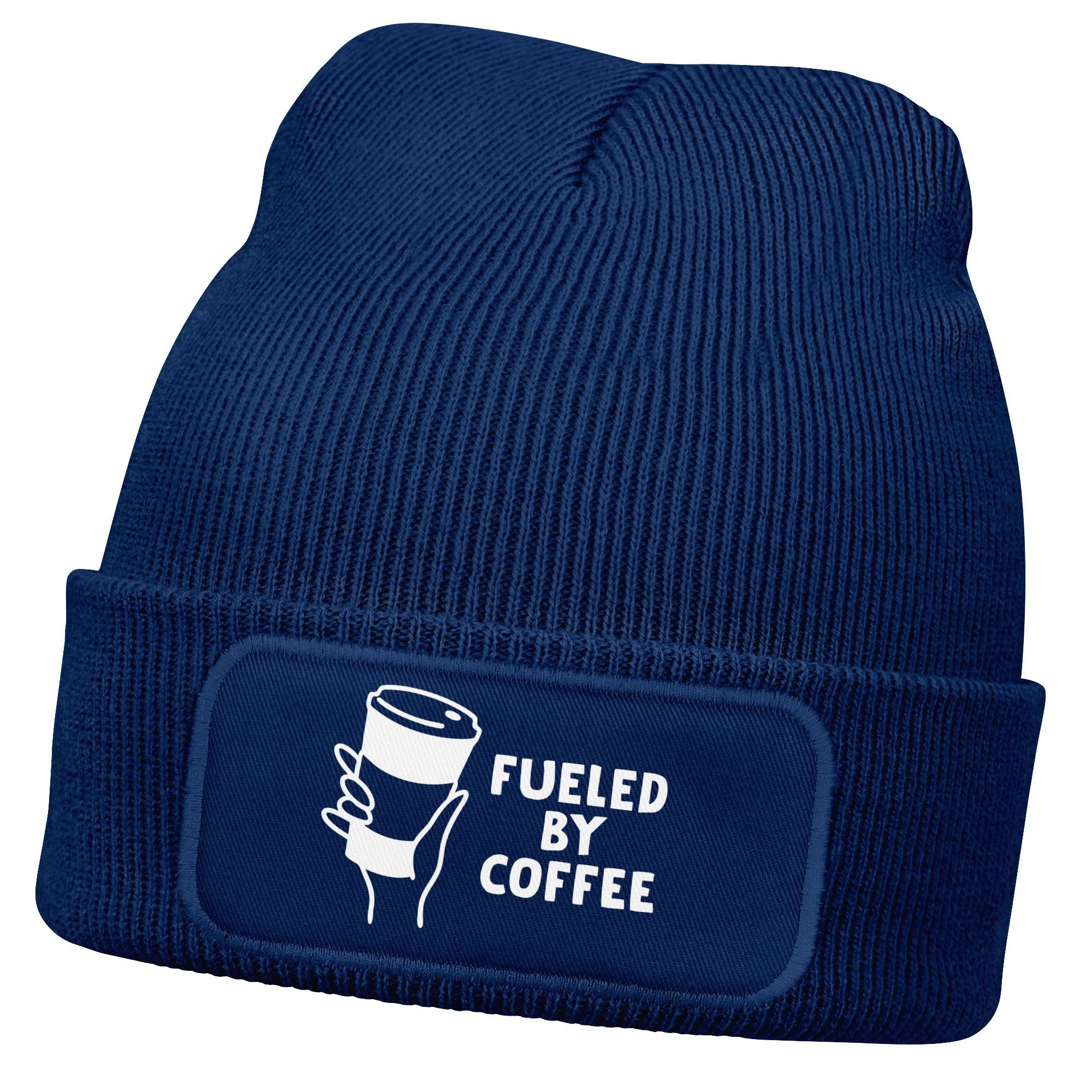 Strickmütze Damen Beanie mit Patch Strickmütze mit Spruch Fueled by Coffee