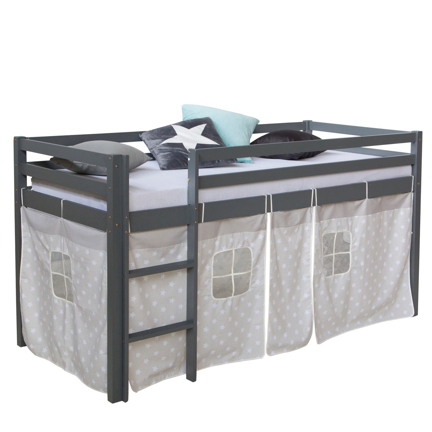 Homestyle4u Hochbett Kinder 90x200 cm Grau mit Vorhang Sterne Holz Kinderbett Junge (Spar-Set, mit Lattenrost, Jungen Mädchen)