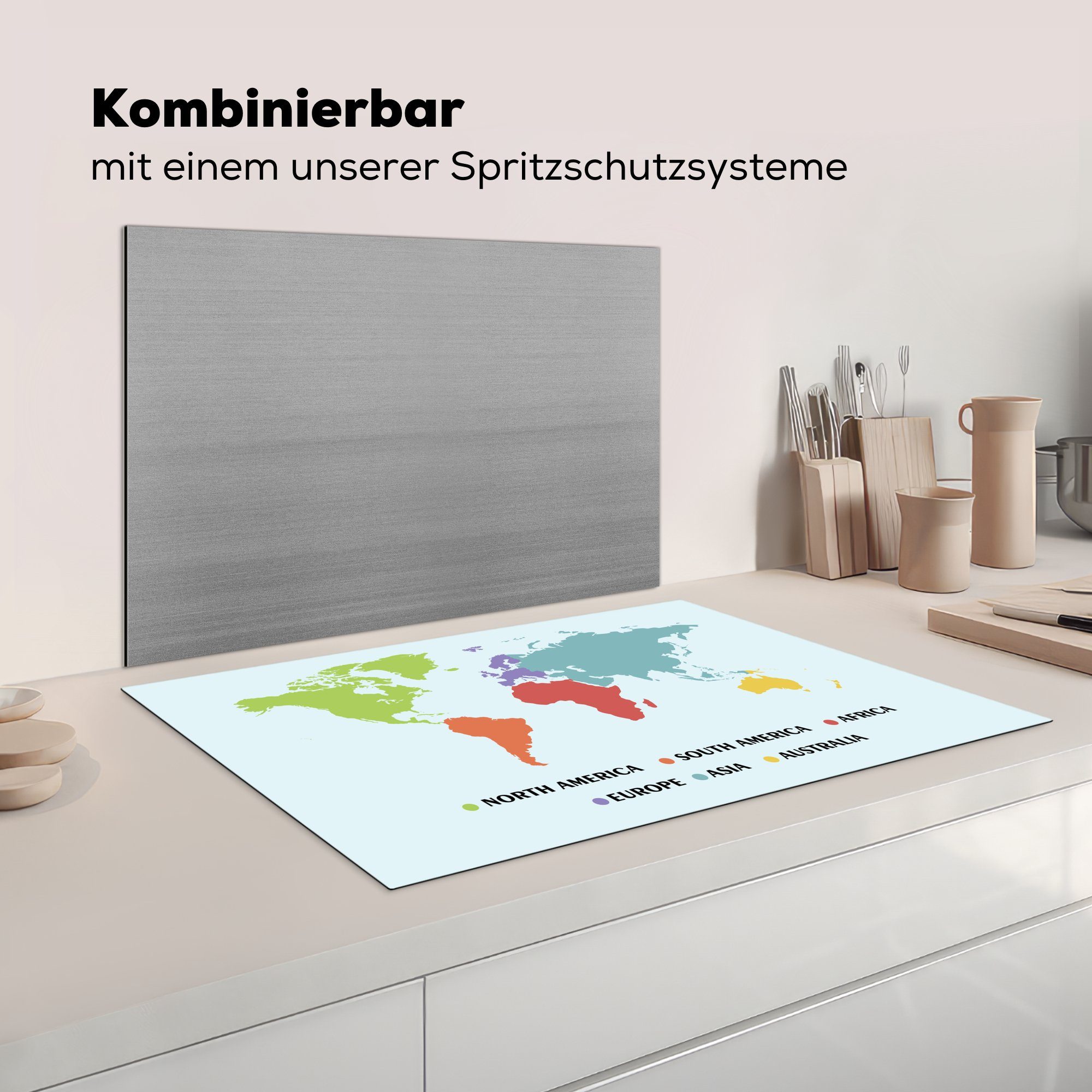 MuchoWow Herdblende-/Abdeckplatte Weltkarte Kinder - Vinyl, tlg), Trendy die (1 81x52 - Farben, küche, Ceranfeldabdeckung für cm, Schutz Induktionskochfeld