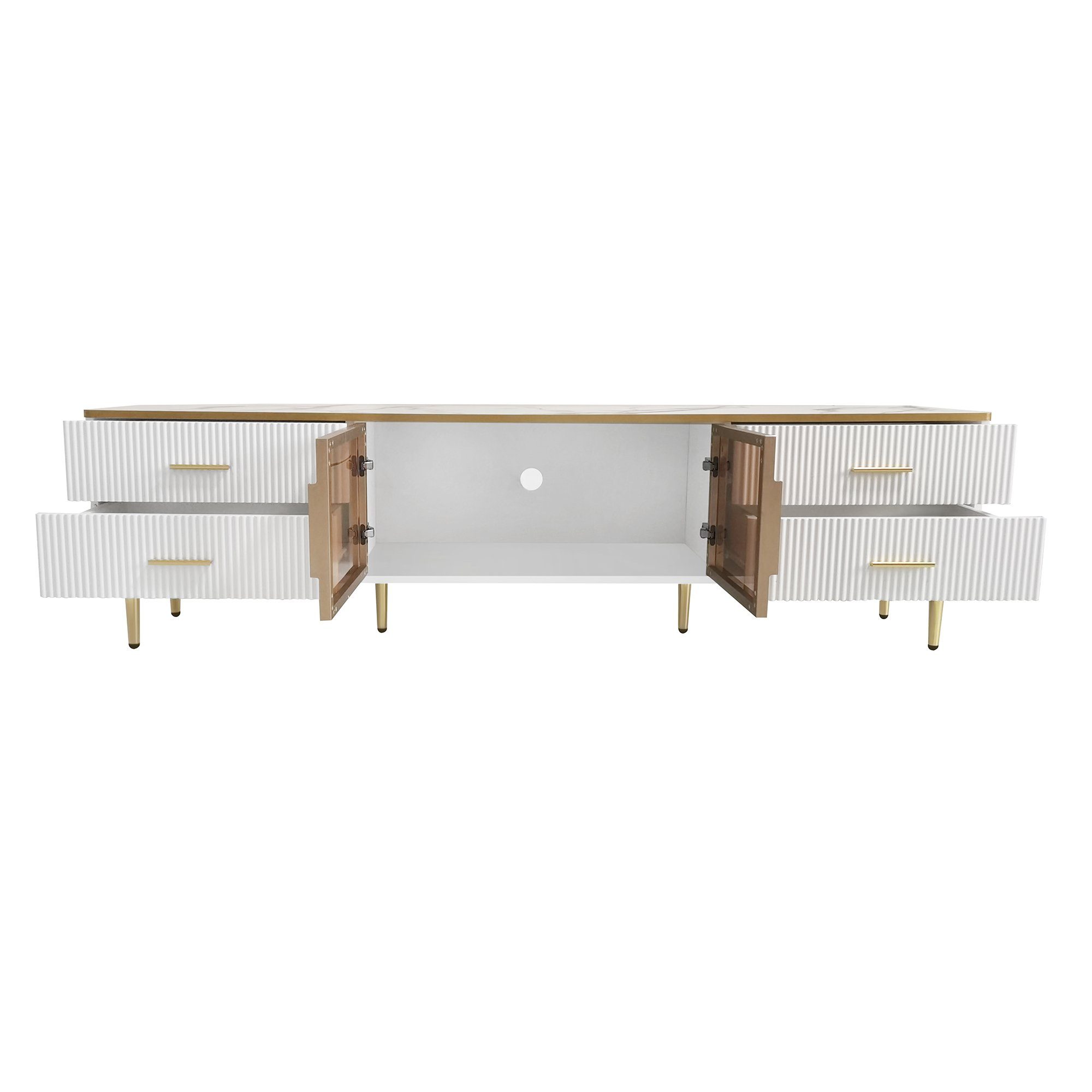 aus Griffen Türen Sideboard Füßen) Gehärtetem modern, (Fernsehschrank 4 mit Glas zwei 4 Beistellschrank TV-Schrank REDOM Schubladen Strukturierte Goldenen mit und TV-Lowboard Braune