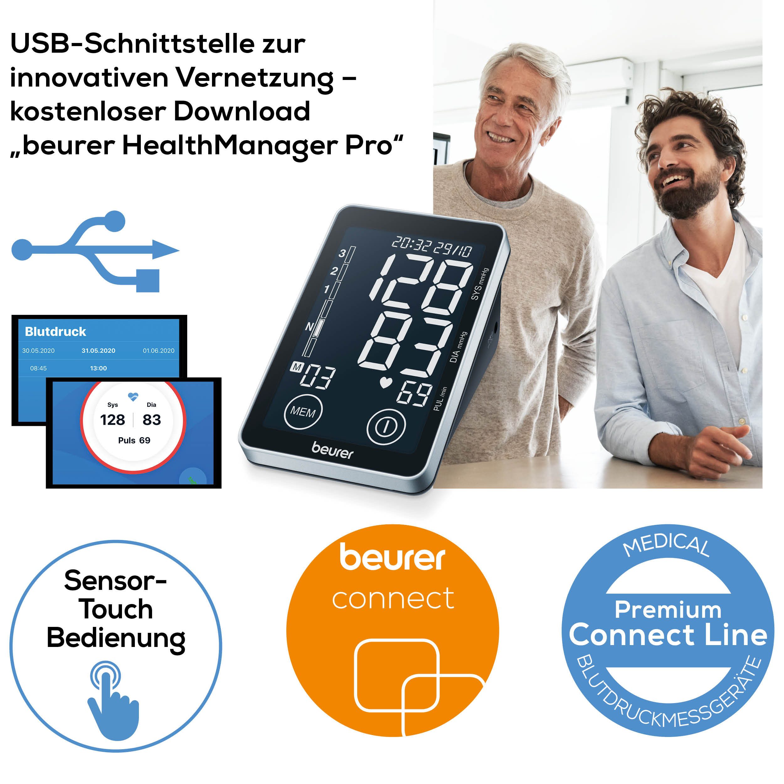 BEURER Oberarm-Blutdruckmessgerät BM 58 mit Arrhythmie-Erkennung und farbigem Risikoindikator, Inkl. Aufbewahrungstasche, Medizinprodukt, 2 Benutzerprofile