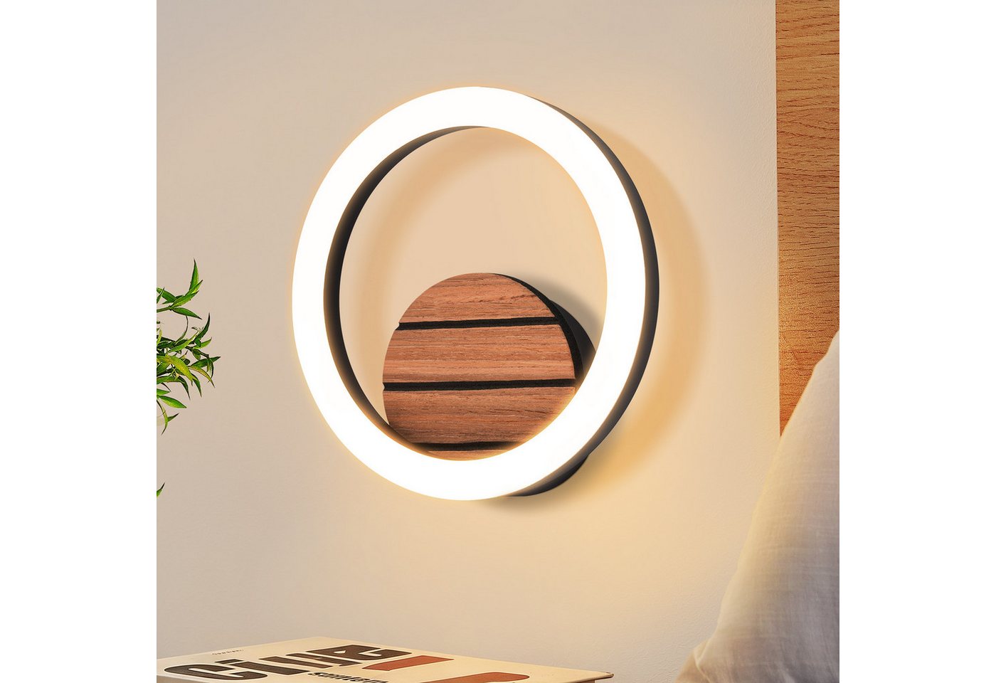 ZMH Wandleuchte 20CM Rund 6W LED Modern Design Klein Flur 3000K Warmweiß Küchenlampe, Augenschutz, LED fest integriert, Warmweiß, Beidseitig montierbar, Holzoptik-Design