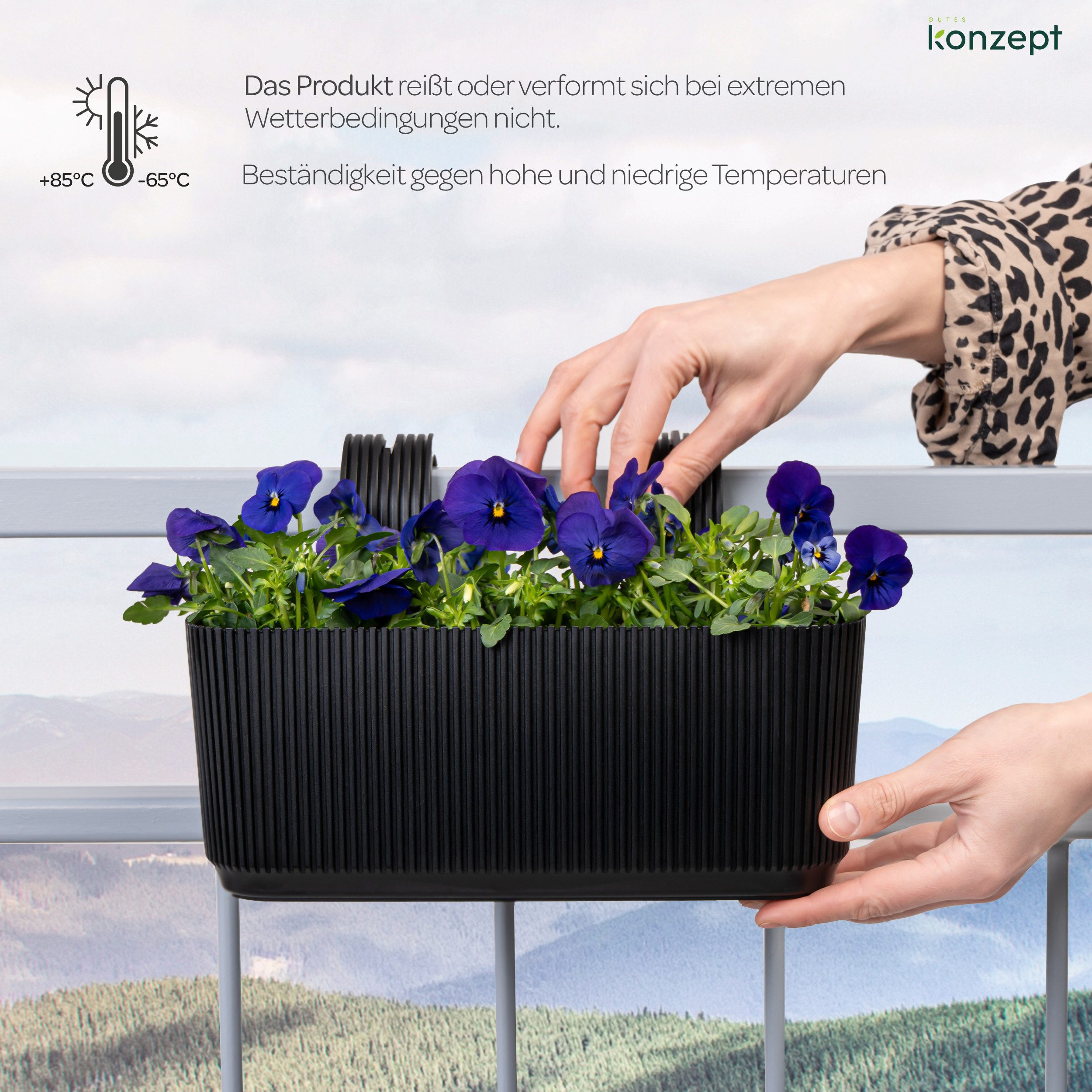 KONZEPT Balkonkasten Blumenkasten mit Halterung – 29 x 19 cm, Balkonkasten für Geländer, 3,2 L aus wetterfestem Kunststoff – Bild 3 von 5