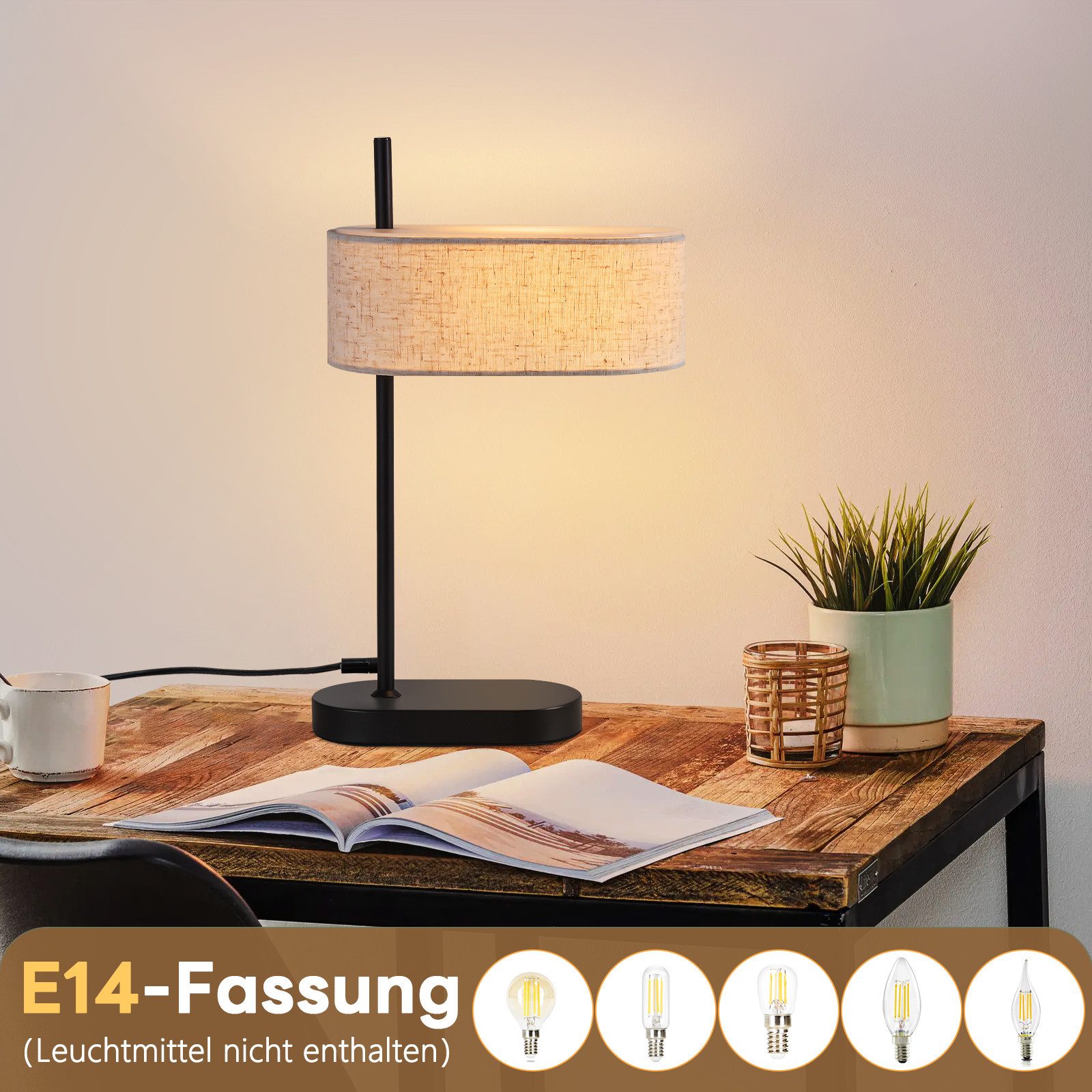 Nettlife Tischleuchte Vintage Stoffschirm E14 Schwarz 44.5cm Schlafzimmer mit Kabel, mit Schalter, LED wechselbar, Retro Tischlampe mit Stecker für Wohnzimmer Büro