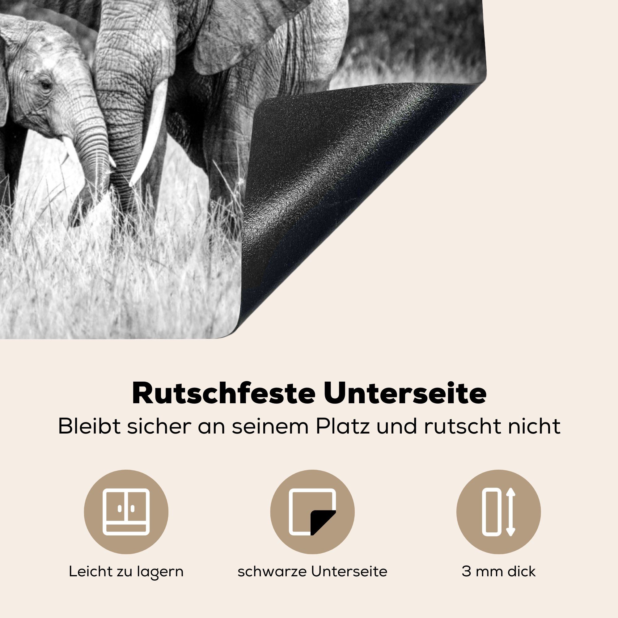 MuchoWow Herdblende-/Abdeckplatte Elefantenbaby seiner cm, Mobile Mutter Ceranfeldabdeckung schwarz weiß, mit und tlg), 70x52 (1 - nutzbar, Arbeitsfläche Vinyl