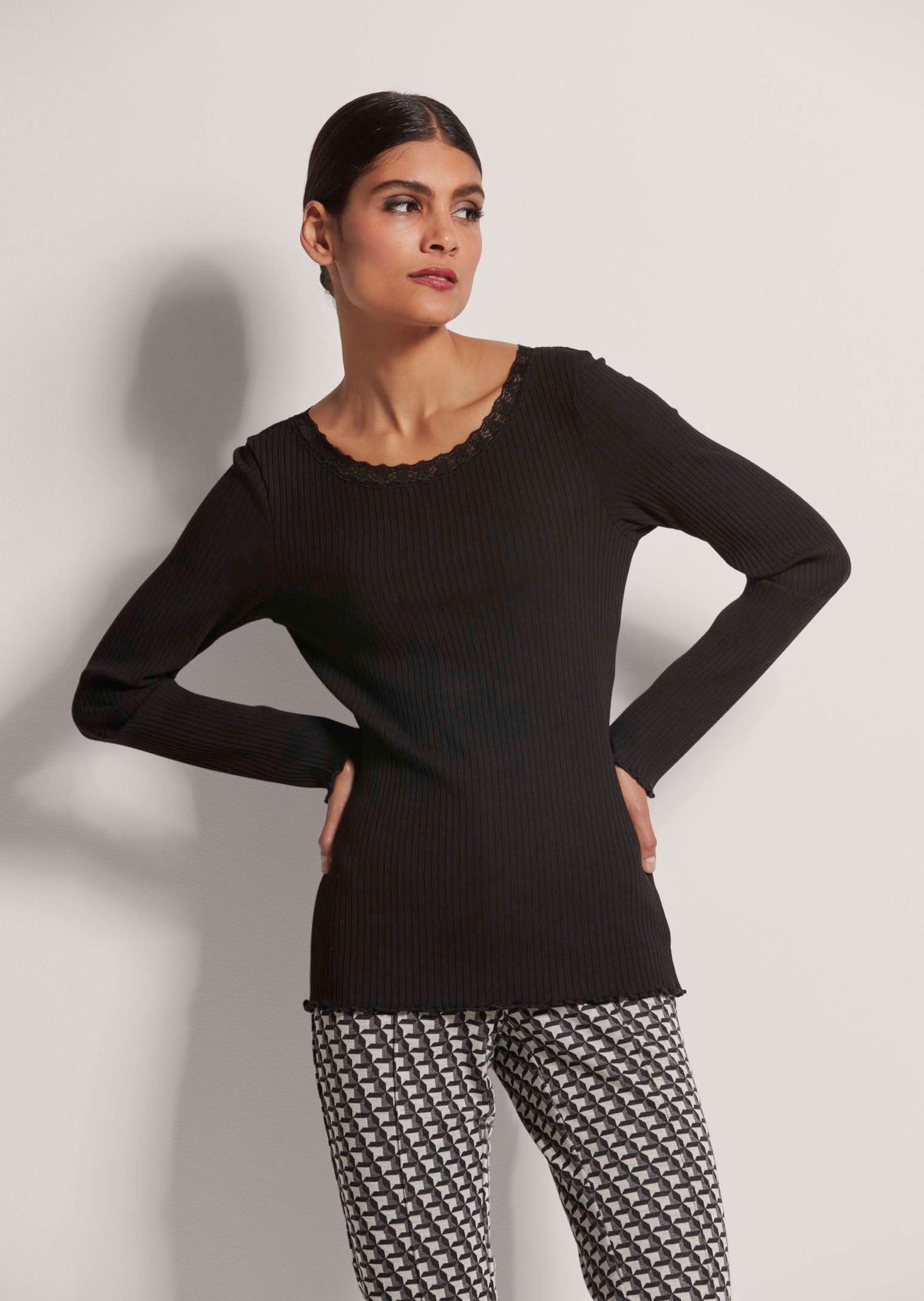 Langarmshirt Rippen-Shirt mit Spitze