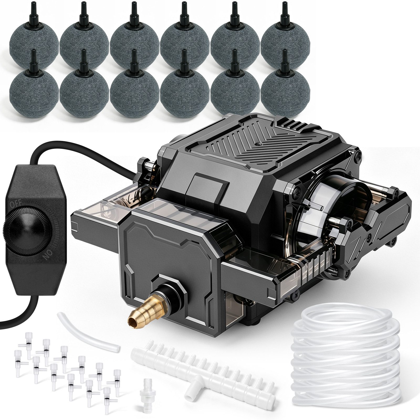 XERSEK Luftpumpe Aquarium Teichbelüfter mit 12 Luftstein Teichbelüftung Sauerstoffpumpe (Set, 42W, 45kPa, 80L/Min Flussregelbar, Dual-Kanal-Kupfermotor), für Aquarium Teich Hydroponisch und Großaquarien‌