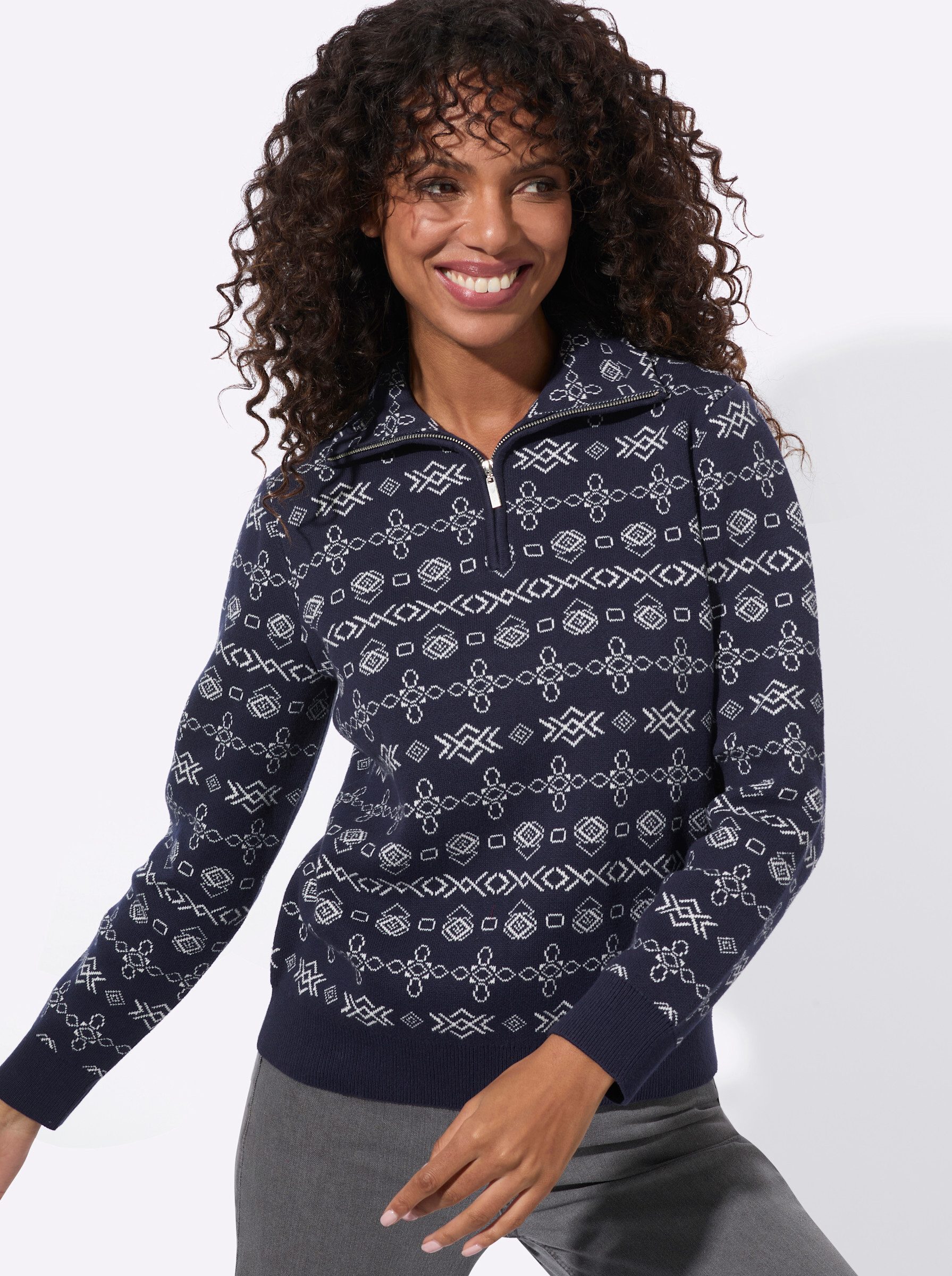 Witt Strickpullover Troyer Langarm Jacquard
