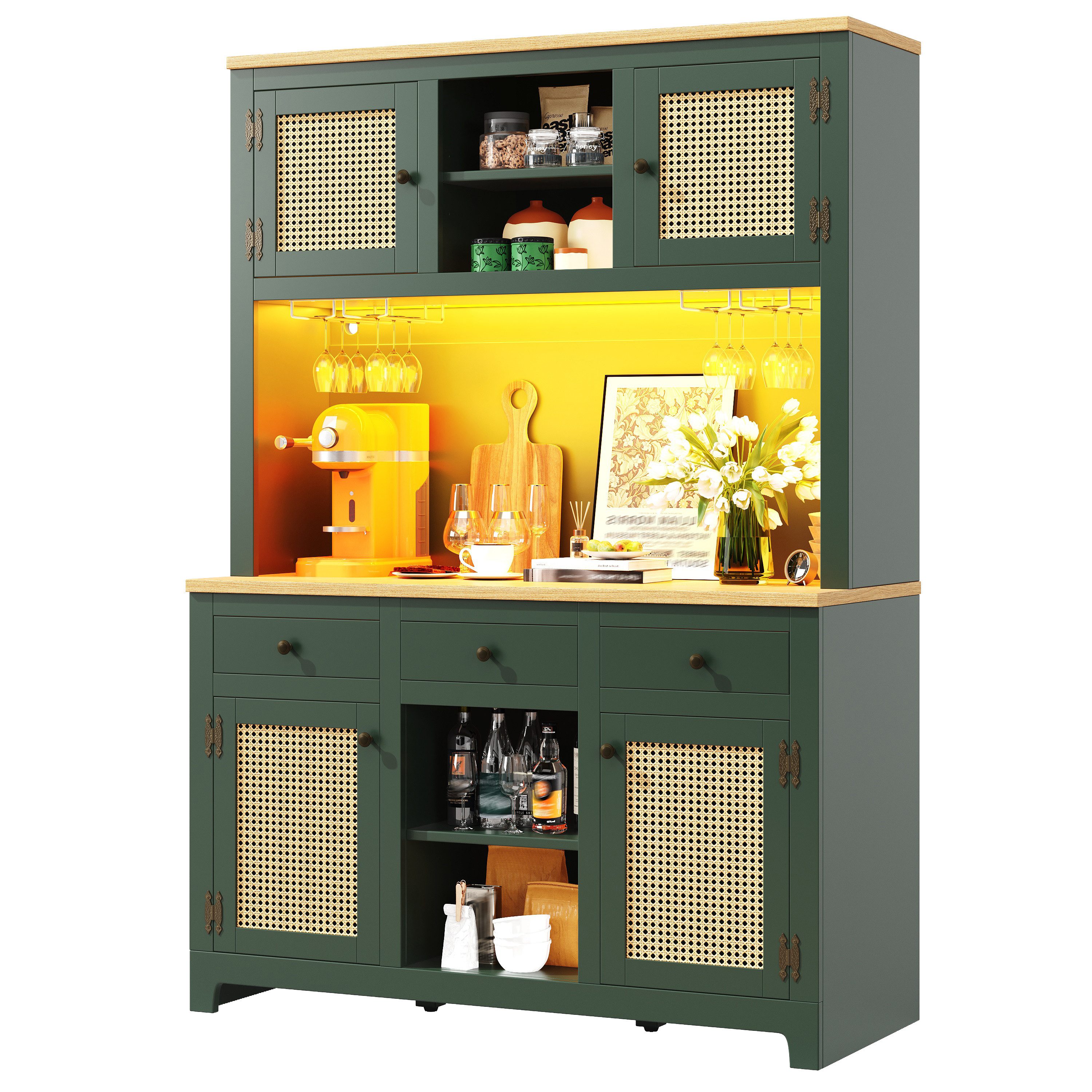 MODFU Hochschrank für Küche und Wohnzimmer (PE-Rattan Schrank mit Kippsicherung, verstellbaren Böden & Schubladen – Vintage Stauraumschrank für Küche, Wohn- & Esszimmer, 1-St., 120×40×180cm)