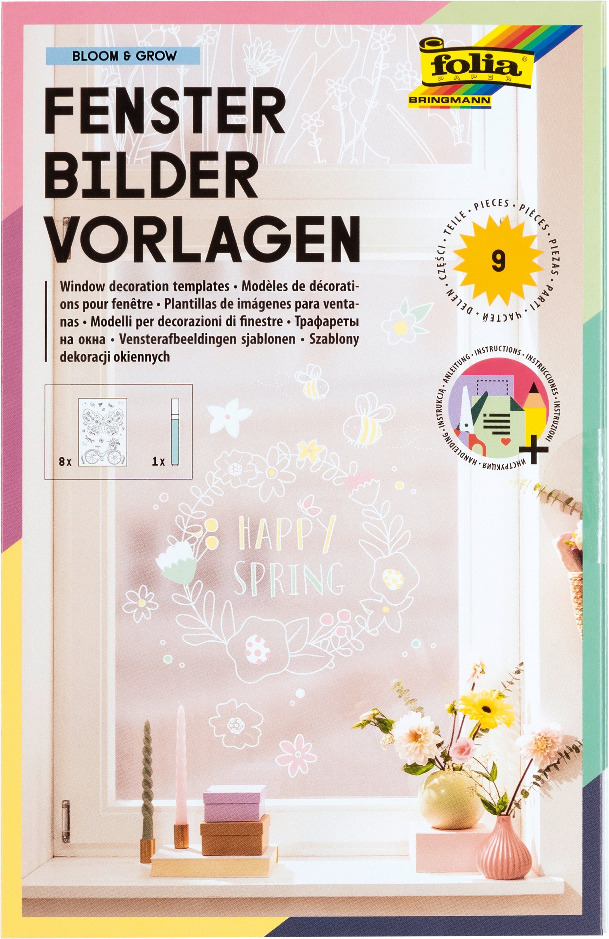 Folia Malvorlage Fensterbilder Vorlagen Bloom & Grow, 8 Vorlagen + 1 Kreidemarker