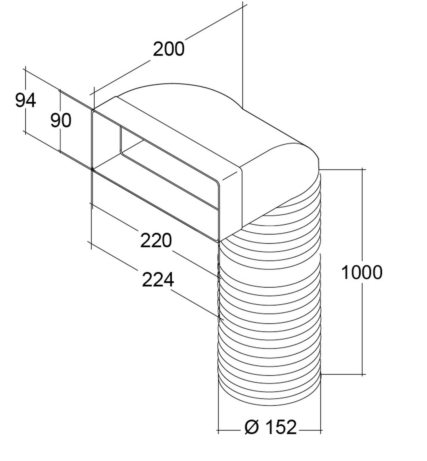 Wallair Montagezubehör Dunstabzugshaube Flachkanal 220×90mm zu Rundrohr Ø 150mm Bogen 90° Flexschlauch 100cm (1 St)