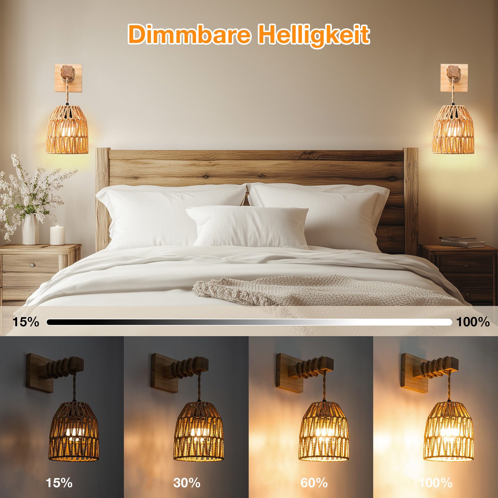 Rosnek Wandleuchte Innen Retro Wandlampe LED aus Rattan Wiederaufladbar Akk günstig online kaufen