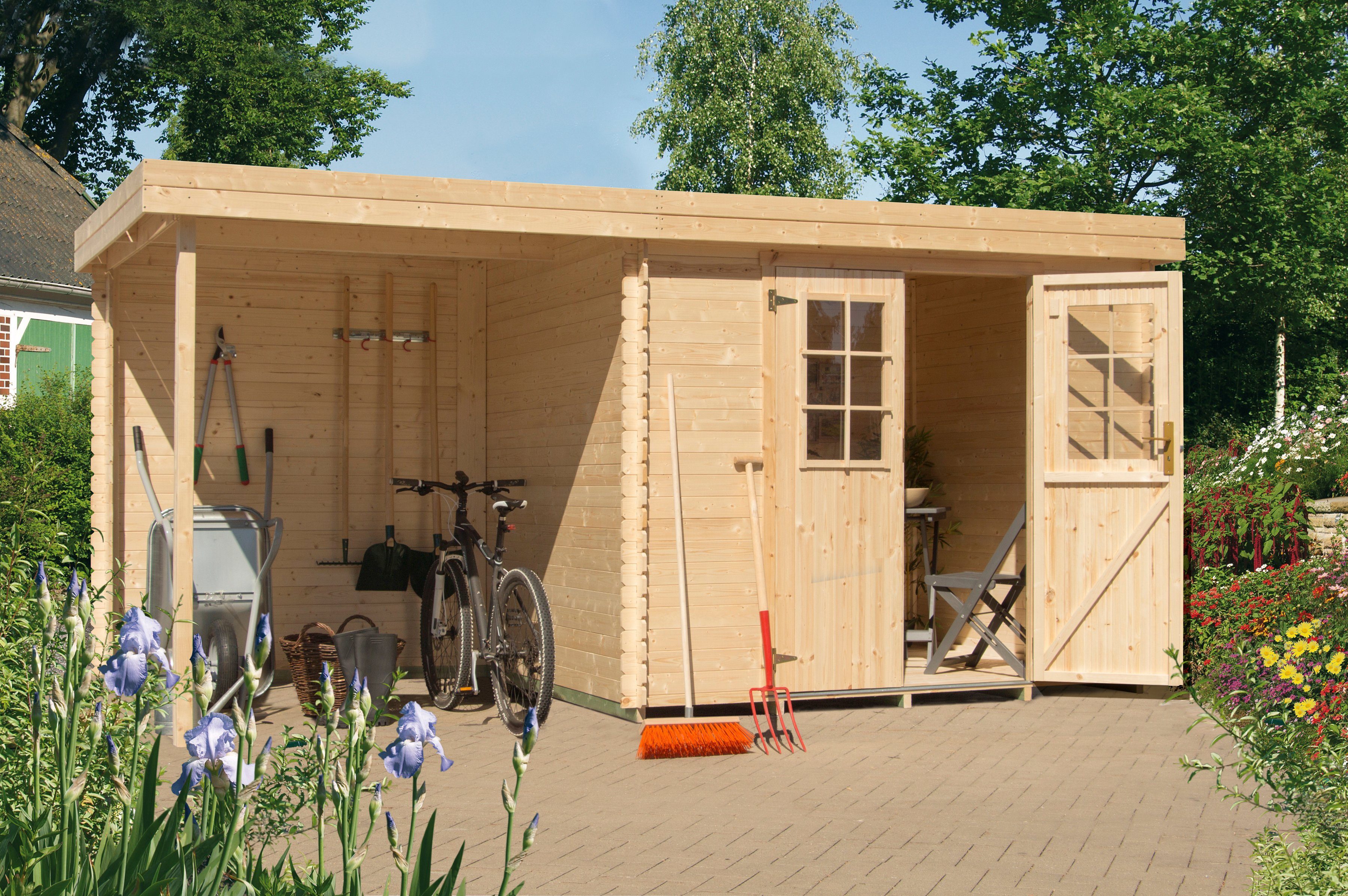 KiehnHolz Set Gartenhaus »Schüberg 2«, BxT 446x226 cm, Anbaudach mit