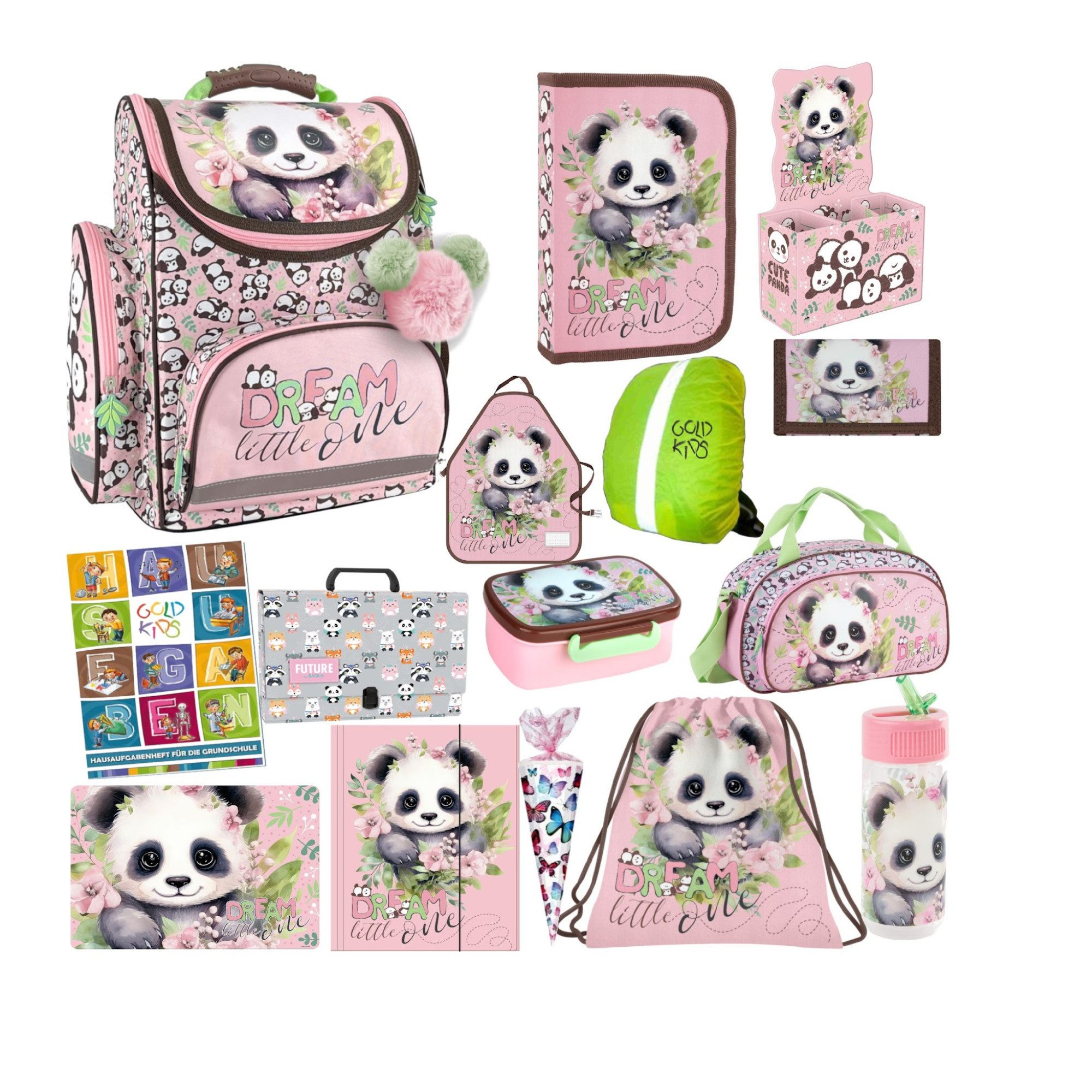 GOLDKIDS Schulranzen für Jungen und Mädchen, 15er-Set - (Schul-Rucksack für Kinder mit Federmäppchen -, 1-tlg., Schuhbeutel Trinkflasche und Brotdose), - Panda Motiv - 1-3 Klasse