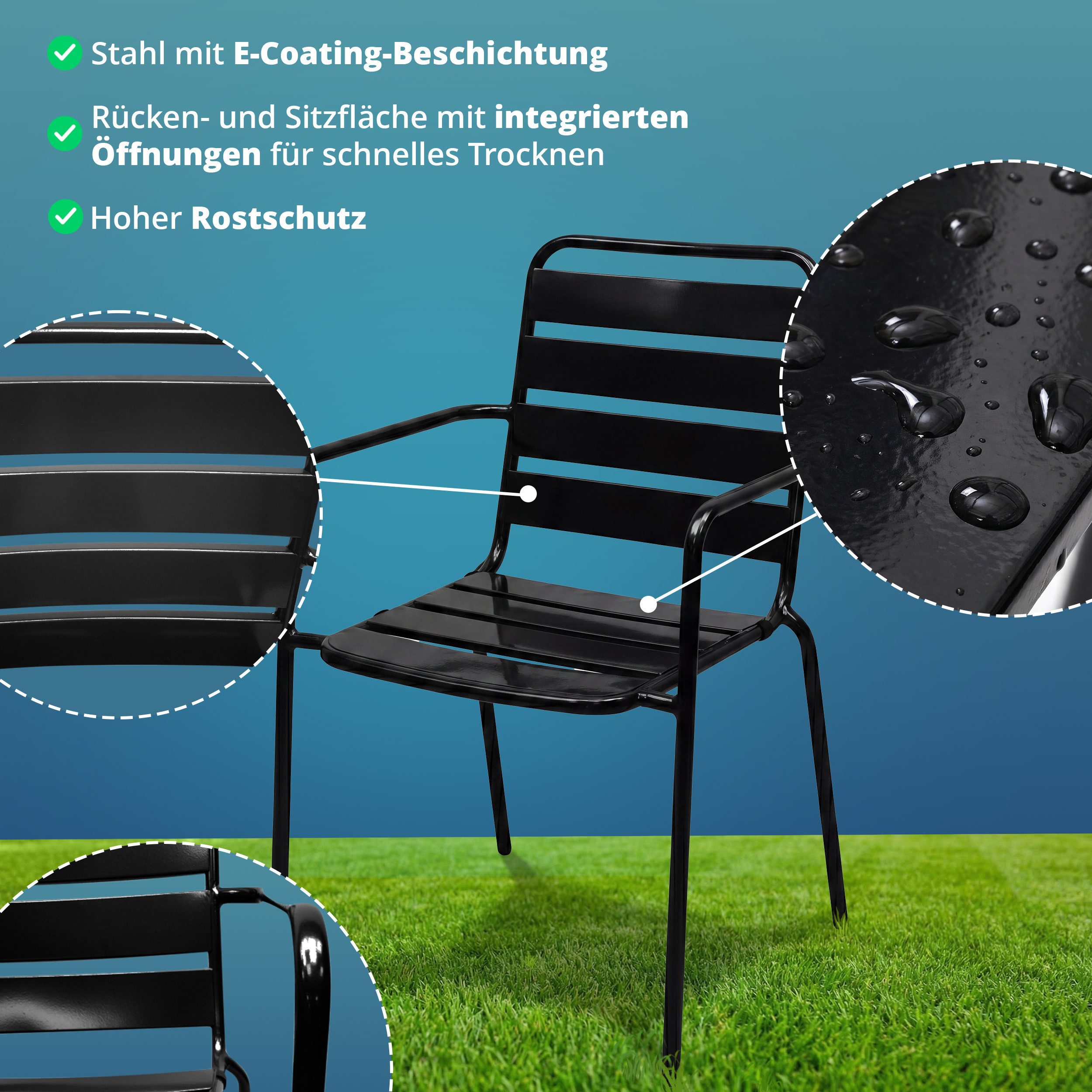 KHG Gartenstuhl mit Armlehnen Anthrazit stapelbar, bis 150 kg belastbar (Outdoor Stapelstuhl), aus Stahl mit wetterfester E-Coating-Beschichtung – Bild 5 von 5
