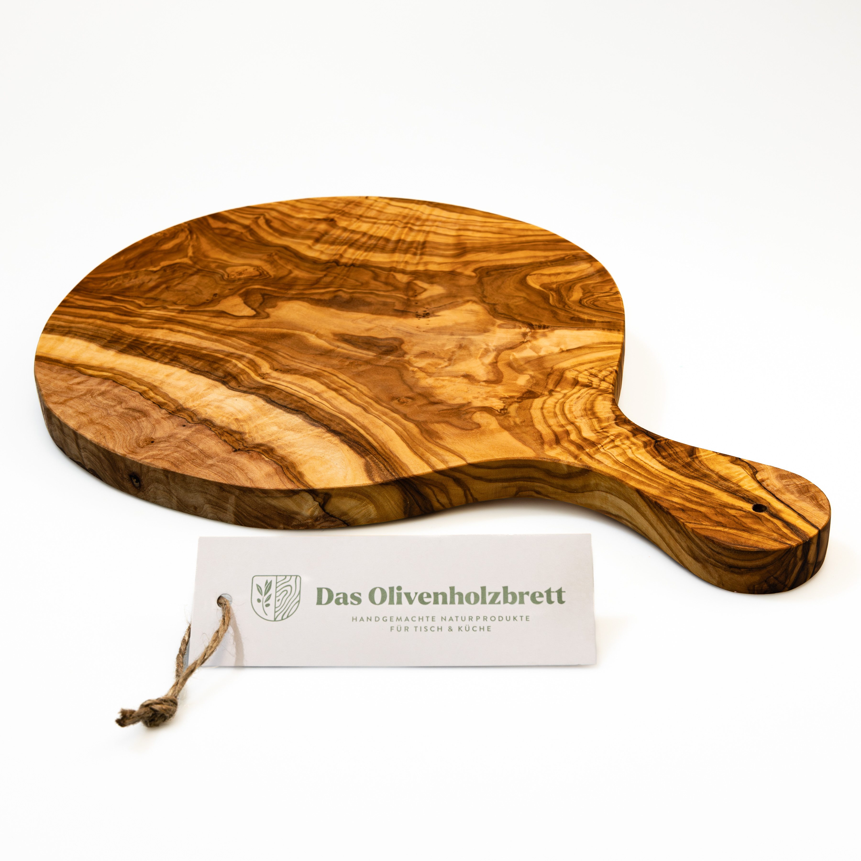 dasOlivenholzbrett Pizzaschneidebrett Olivenholz Pizzabrett oder Flammkuchenbrett, rund mit Griff