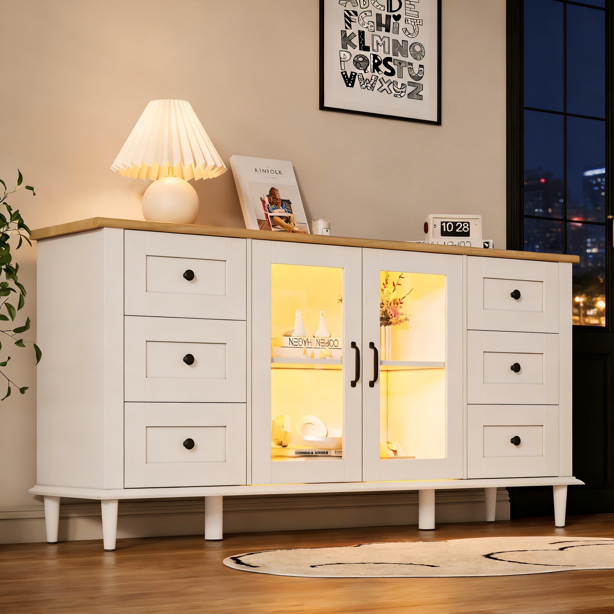 Merax Sideboard mit LED-Leuchten, Wohnzimmerschrank in Weiß und Holzton (Beistellschrank Esszimmerschrank, 1 St), Kommode mit 6 Schubladen, 2 Acryl Türen & Stauraum, 150x40x75cm