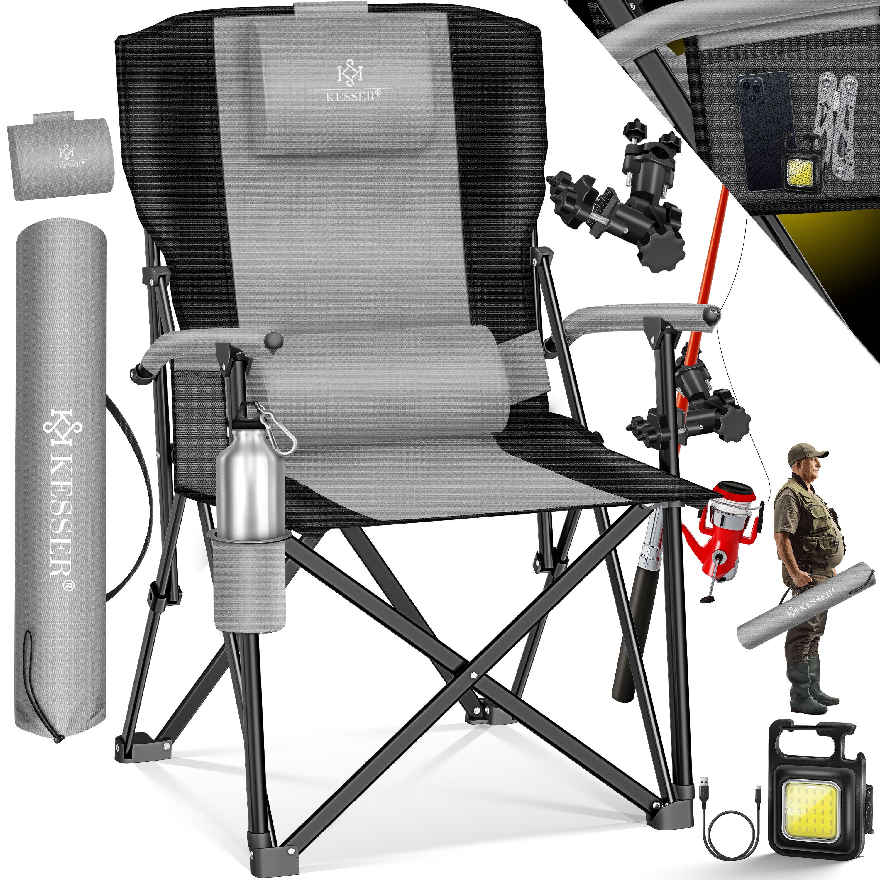 KESSER Campingstuhl (Strandstuhl mit hoher Rückenlehne + Tasche), Campingstuhl Inkl. Campinglicht, Angelhalterung und Getränkehalter